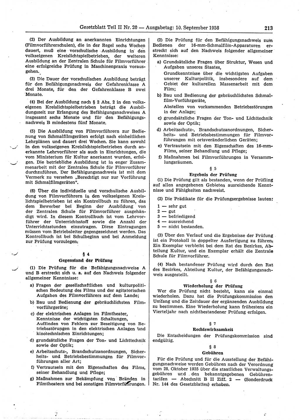 Gesetzblatt (GBl.) der Deutschen Demokratischen Republik (DDR) Teil ⅠⅠ 1958, Seite 213 (GBl. DDR ⅠⅠ 1958, S. 213)