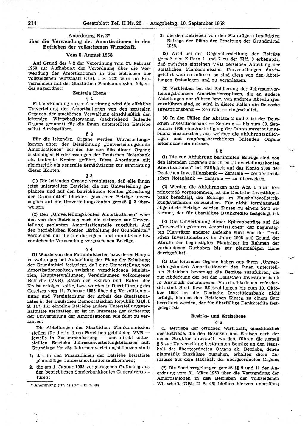 Gesetzblatt (GBl.) der Deutschen Demokratischen Republik (DDR) Teil ⅠⅠ 1958, Seite 214 (GBl. DDR ⅠⅠ 1958, S. 214)