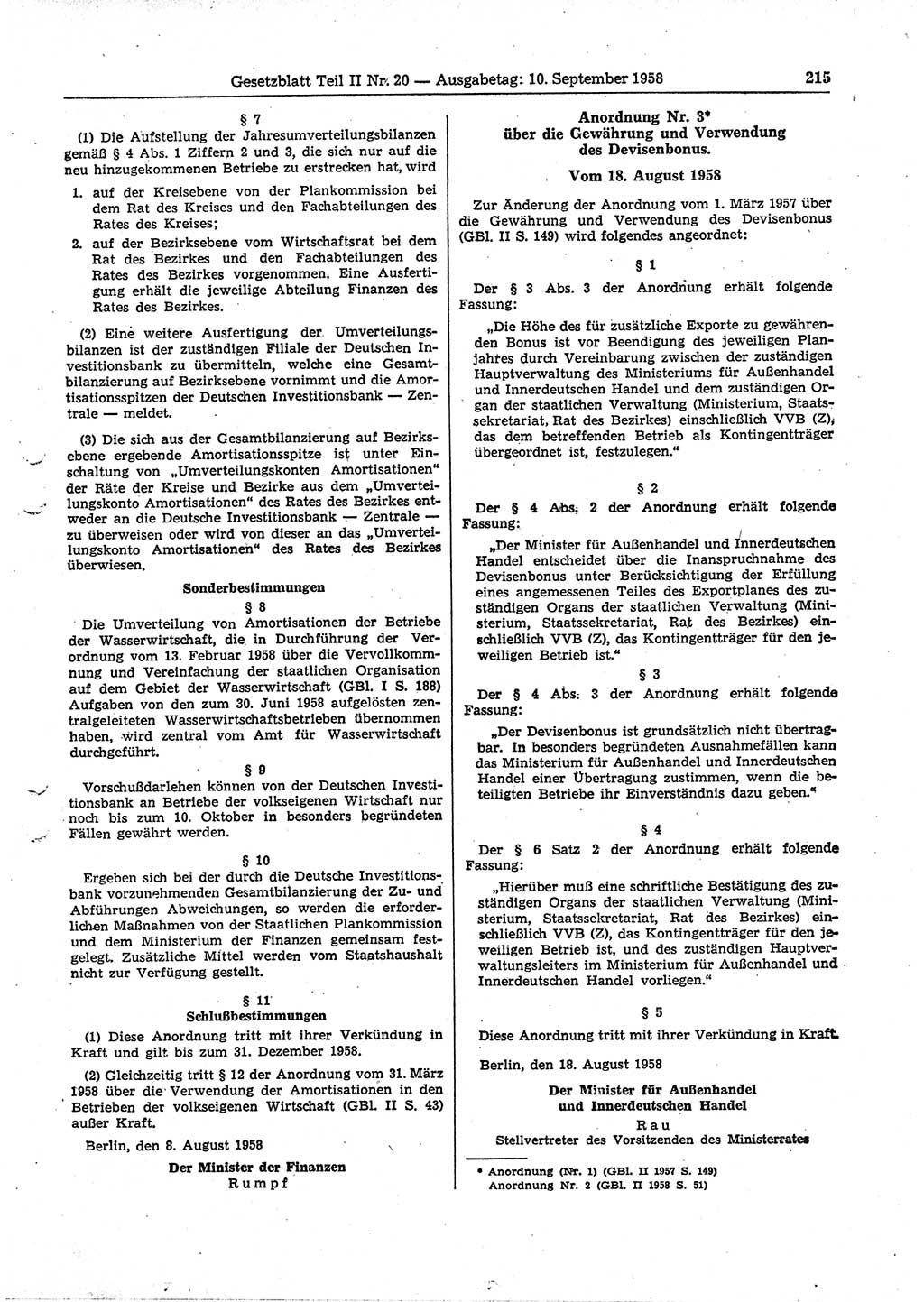Gesetzblatt (GBl.) der Deutschen Demokratischen Republik (DDR) Teil ⅠⅠ 1958, Seite 215 (GBl. DDR ⅠⅠ 1958, S. 215)