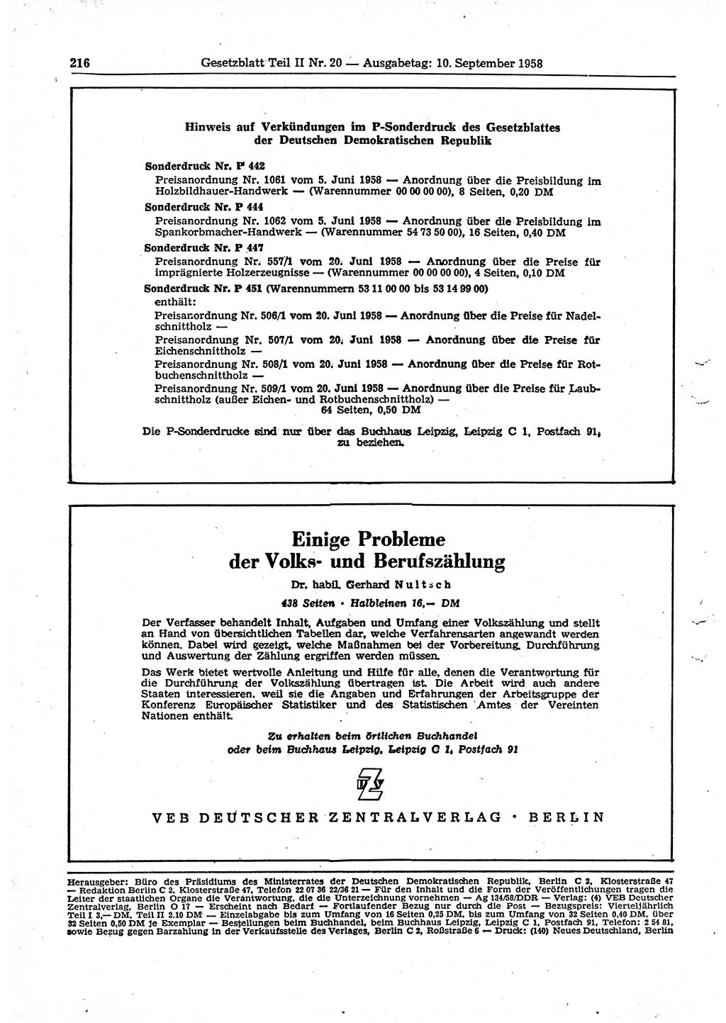 Gesetzblatt (GBl.) der Deutschen Demokratischen Republik (DDR) Teil ⅠⅠ 1958, Seite 216 (GBl. DDR ⅠⅠ 1958, S. 216)