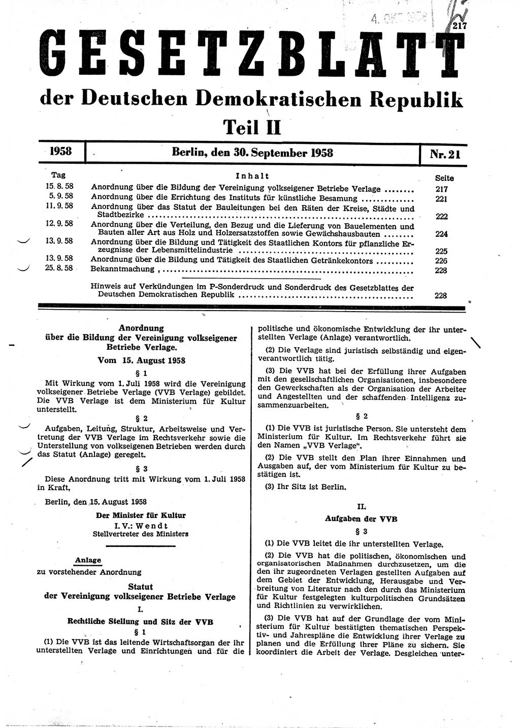Gesetzblatt (GBl.) der Deutschen Demokratischen Republik (DDR) Teil ⅠⅠ 1958, Seite 217 (GBl. DDR ⅠⅠ 1958, S. 217)