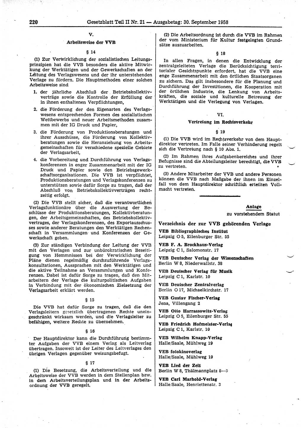 Gesetzblatt (GBl.) der Deutschen Demokratischen Republik (DDR) Teil ⅠⅠ 1958, Seite 220 (GBl. DDR ⅠⅠ 1958, S. 220)