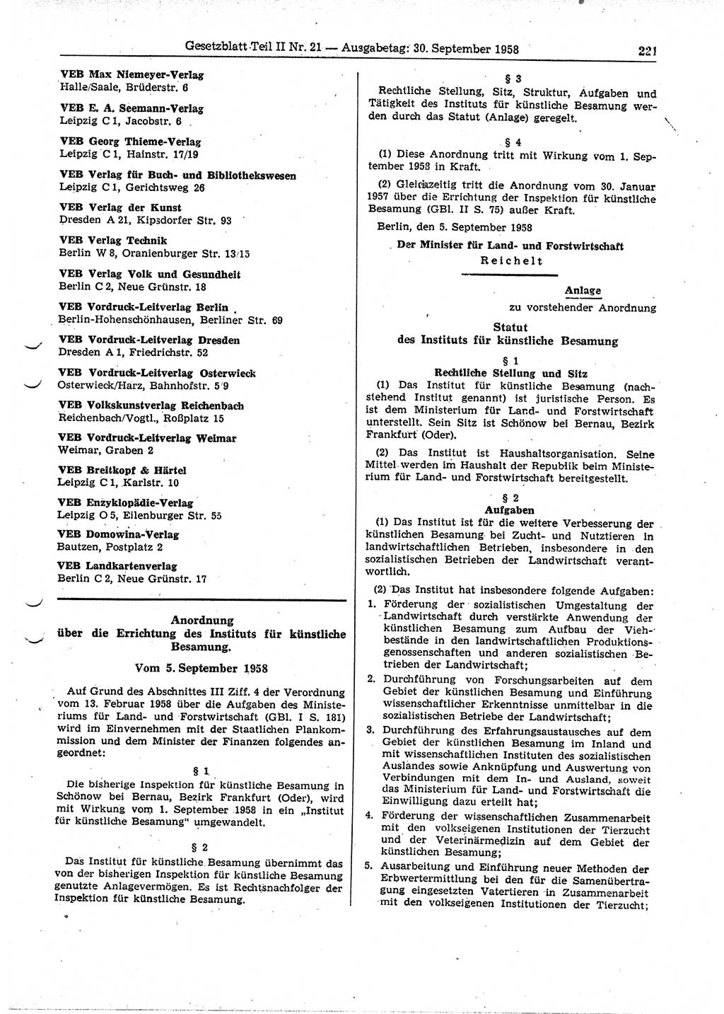 Gesetzblatt (GBl.) der Deutschen Demokratischen Republik (DDR) Teil ⅠⅠ 1958, Seite 221 (GBl. DDR ⅠⅠ 1958, S. 221)