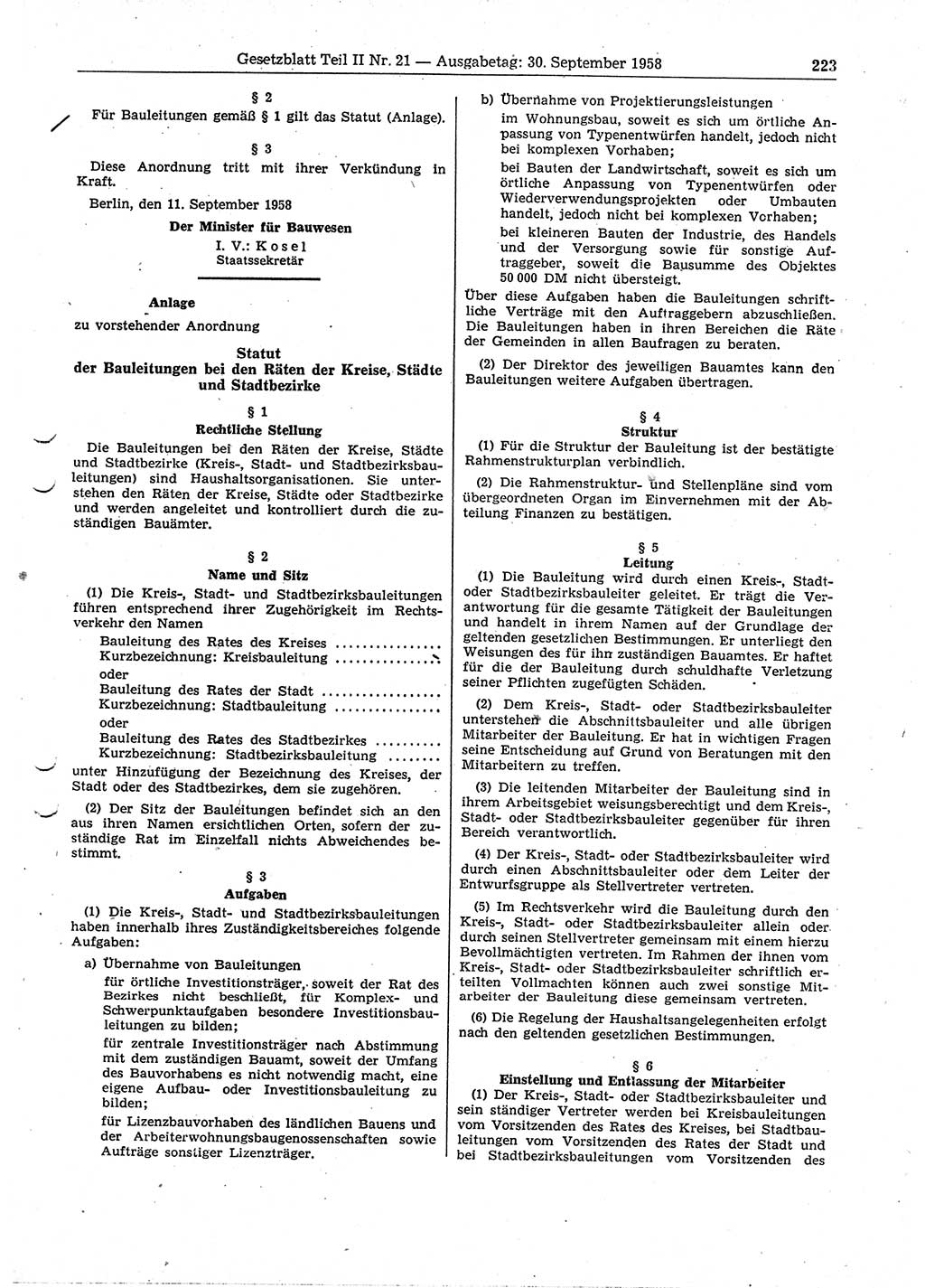 Gesetzblatt (GBl.) der Deutschen Demokratischen Republik (DDR) Teil ⅠⅠ 1958, Seite 223 (GBl. DDR ⅠⅠ 1958, S. 223)