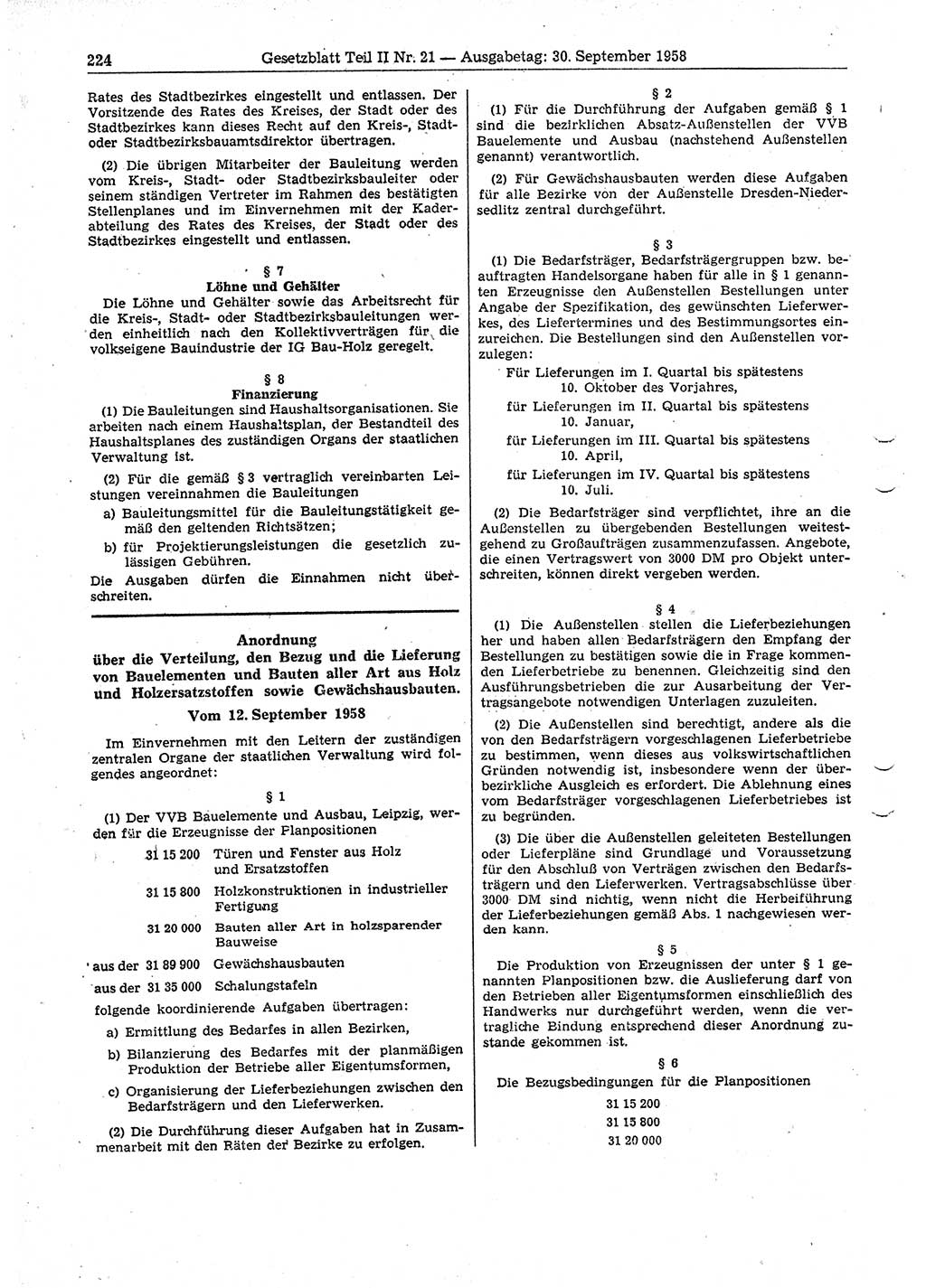 Gesetzblatt (GBl.) der Deutschen Demokratischen Republik (DDR) Teil ⅠⅠ 1958, Seite 224 (GBl. DDR ⅠⅠ 1958, S. 224)
