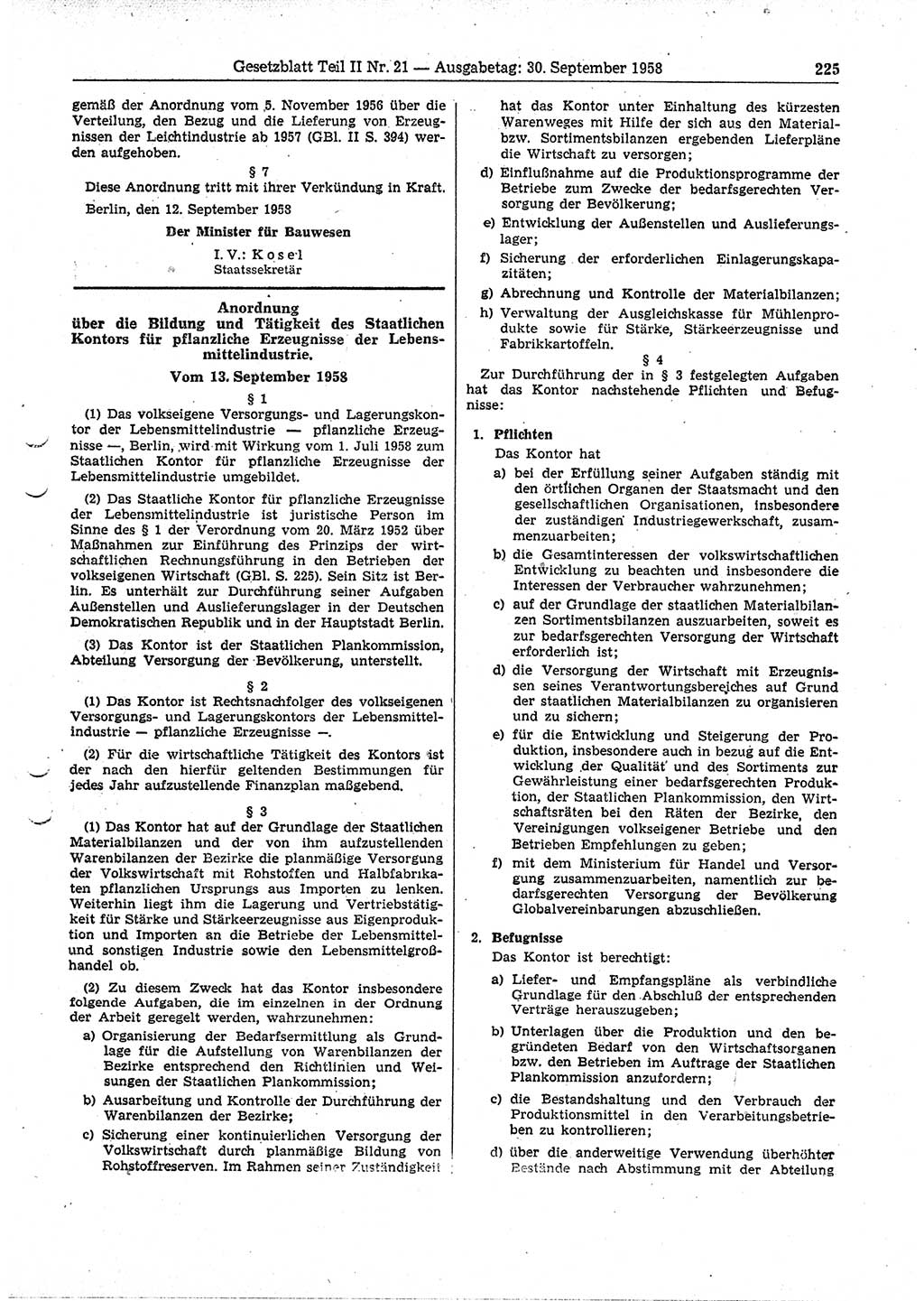 Gesetzblatt (GBl.) der Deutschen Demokratischen Republik (DDR) Teil ⅠⅠ 1958, Seite 225 (GBl. DDR ⅠⅠ 1958, S. 225)