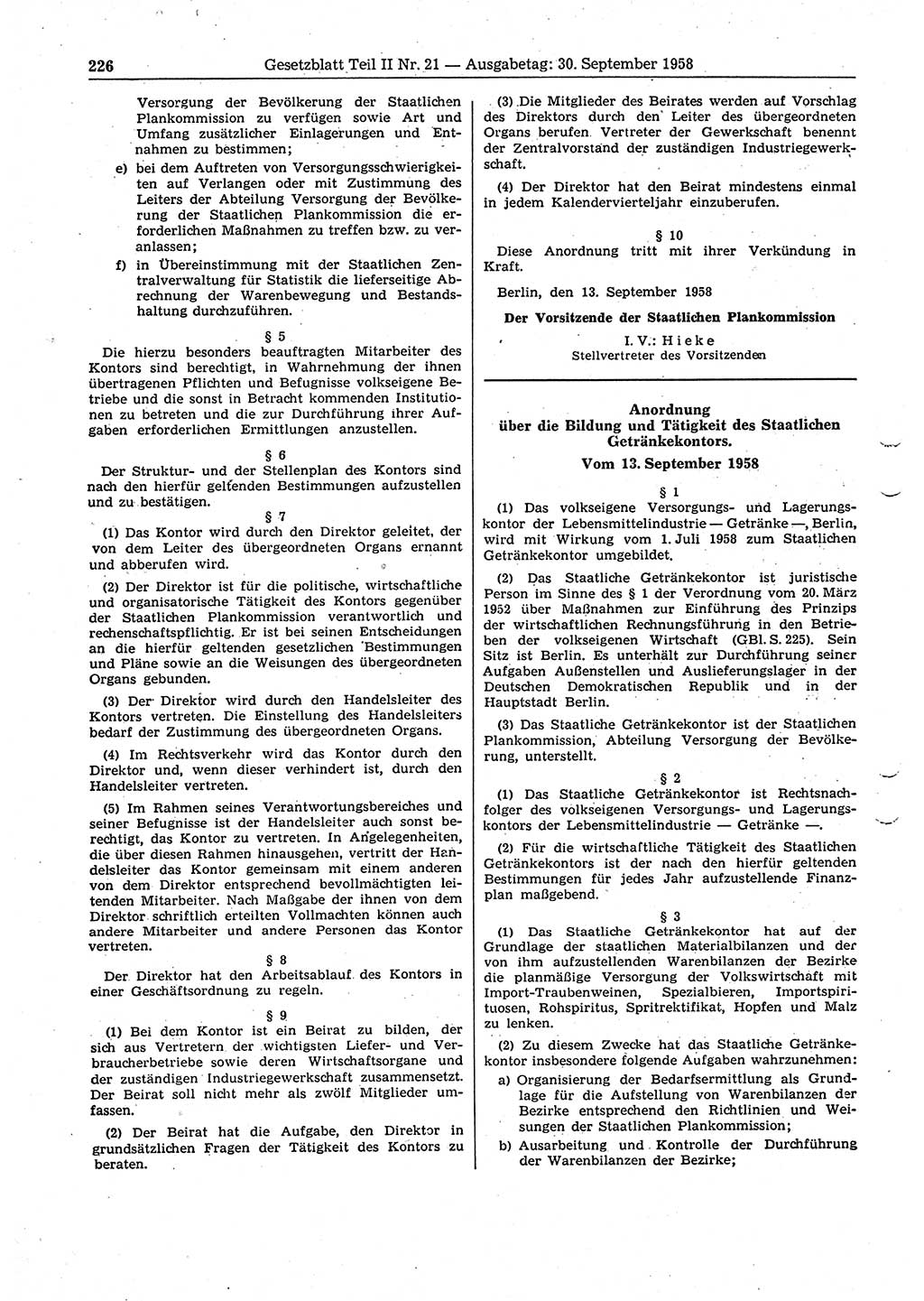 Gesetzblatt (GBl.) der Deutschen Demokratischen Republik (DDR) Teil ⅠⅠ 1958, Seite 226 (GBl. DDR ⅠⅠ 1958, S. 226)