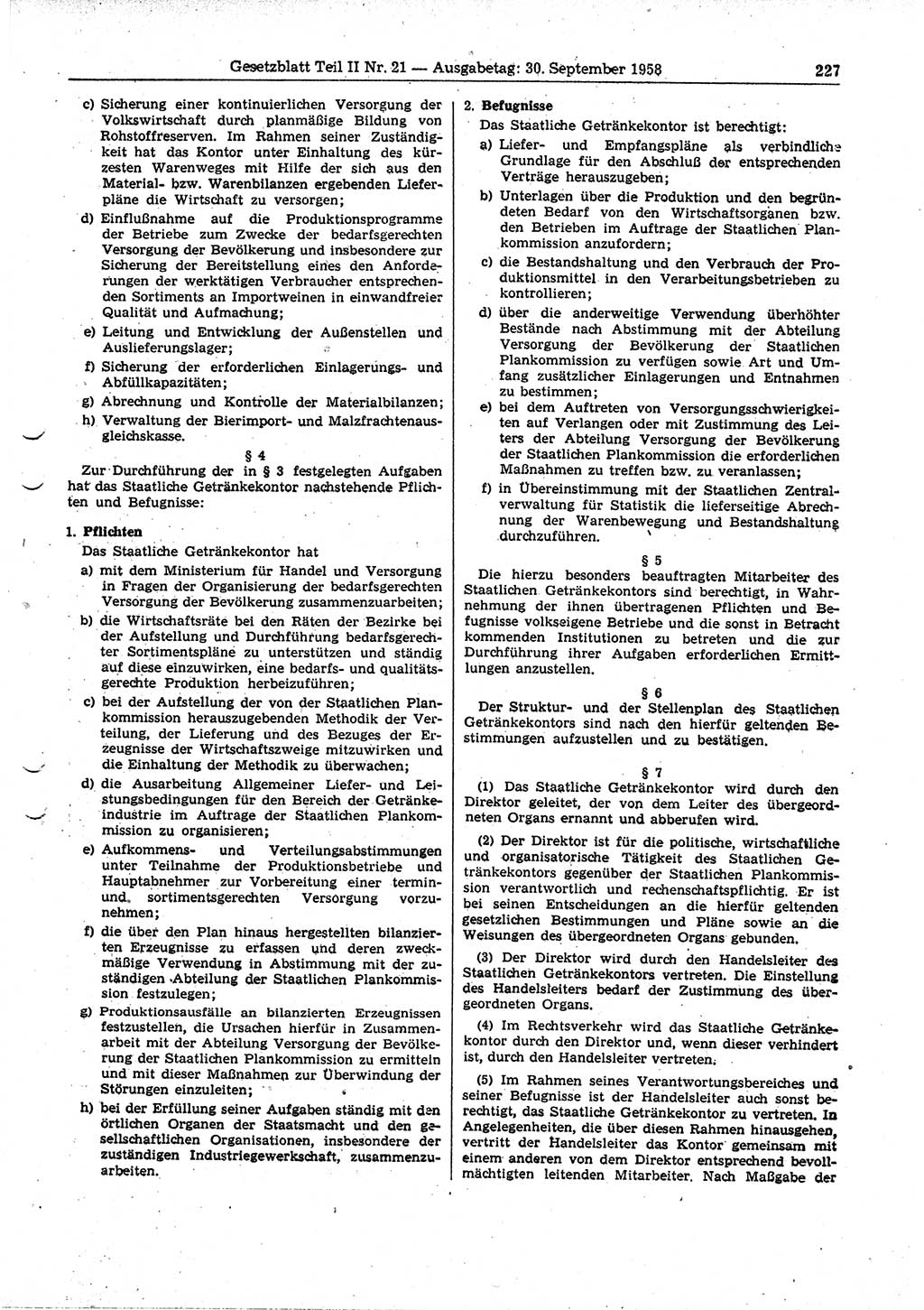 Gesetzblatt (GBl.) der Deutschen Demokratischen Republik (DDR) Teil ⅠⅠ 1958, Seite 227 (GBl. DDR ⅠⅠ 1958, S. 227)