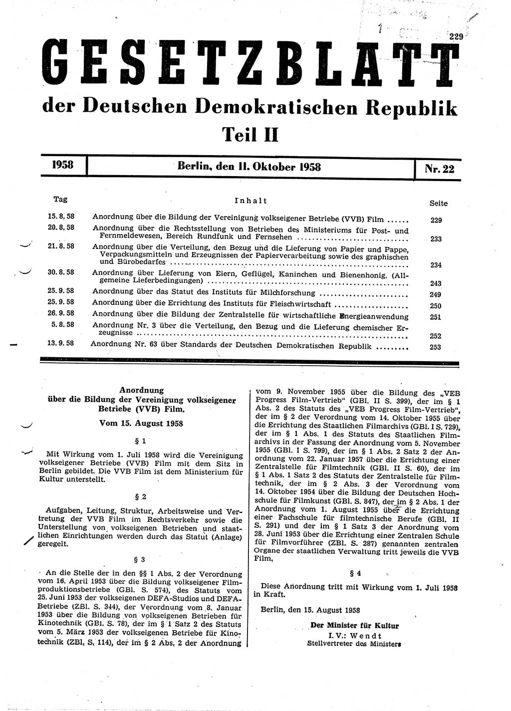 Gesetzblatt (GBl.) der Deutschen Demokratischen Republik (DDR) Teil ⅠⅠ 1958, Seite 229 (GBl. DDR ⅠⅠ 1958, S. 229)