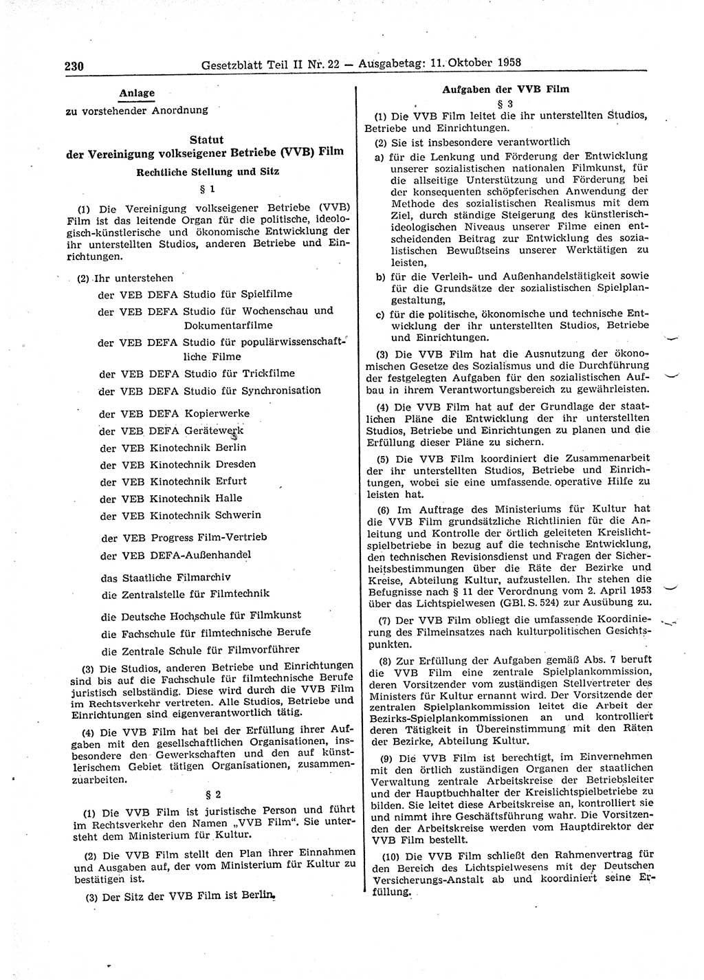 Gesetzblatt (GBl.) der Deutschen Demokratischen Republik (DDR) Teil ⅠⅠ 1958, Seite 230 (GBl. DDR ⅠⅠ 1958, S. 230)