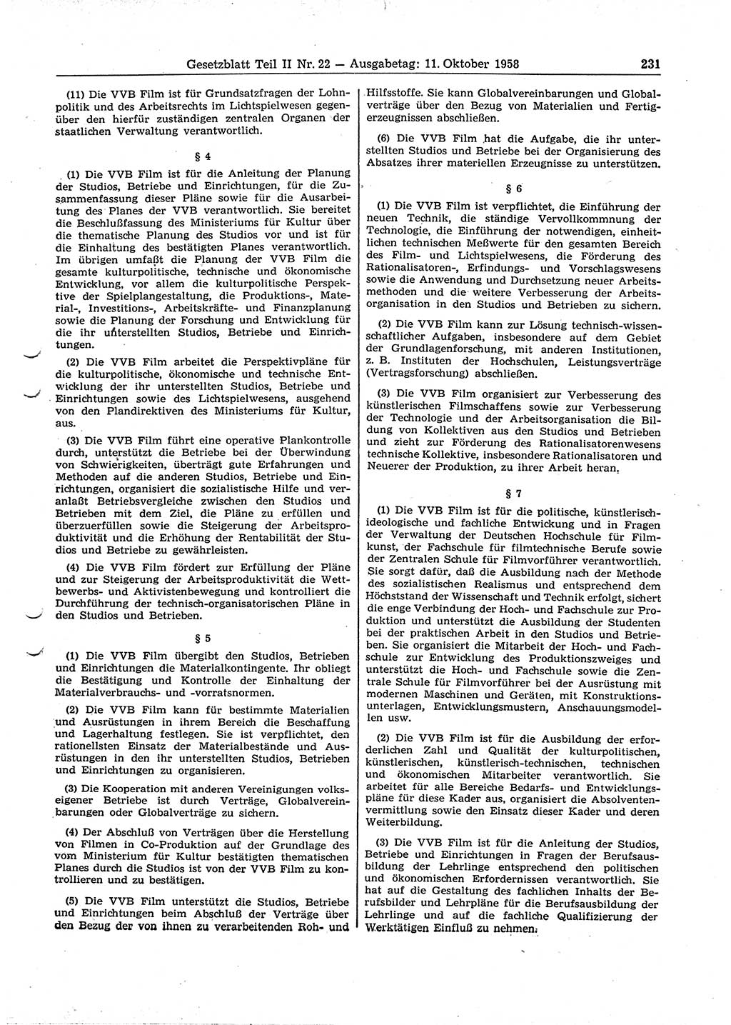 Gesetzblatt (GBl.) der Deutschen Demokratischen Republik (DDR) Teil ⅠⅠ 1958, Seite 231 (GBl. DDR ⅠⅠ 1958, S. 231)