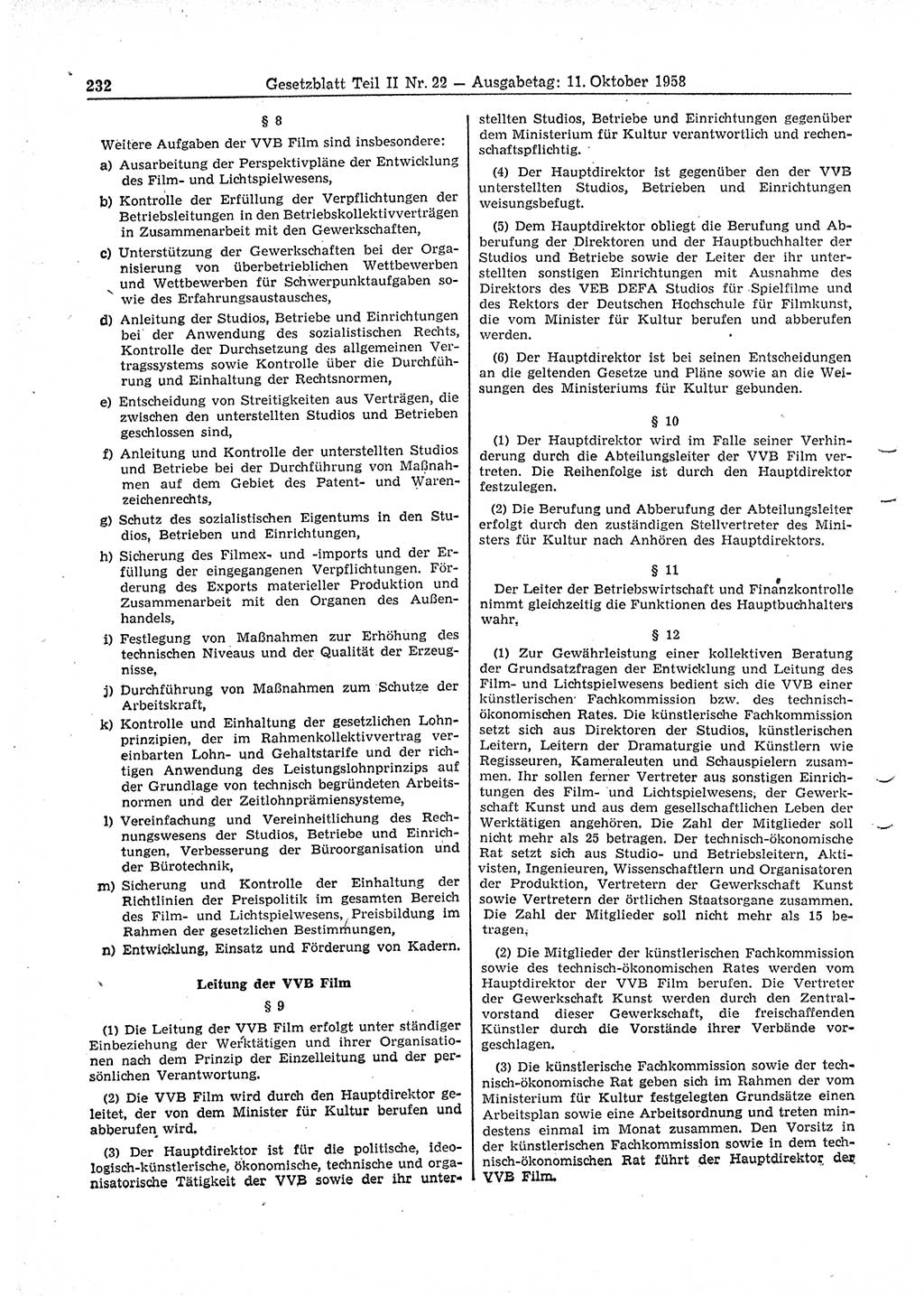 Gesetzblatt (GBl.) der Deutschen Demokratischen Republik (DDR) Teil ⅠⅠ 1958, Seite 232 (GBl. DDR ⅠⅠ 1958, S. 232)