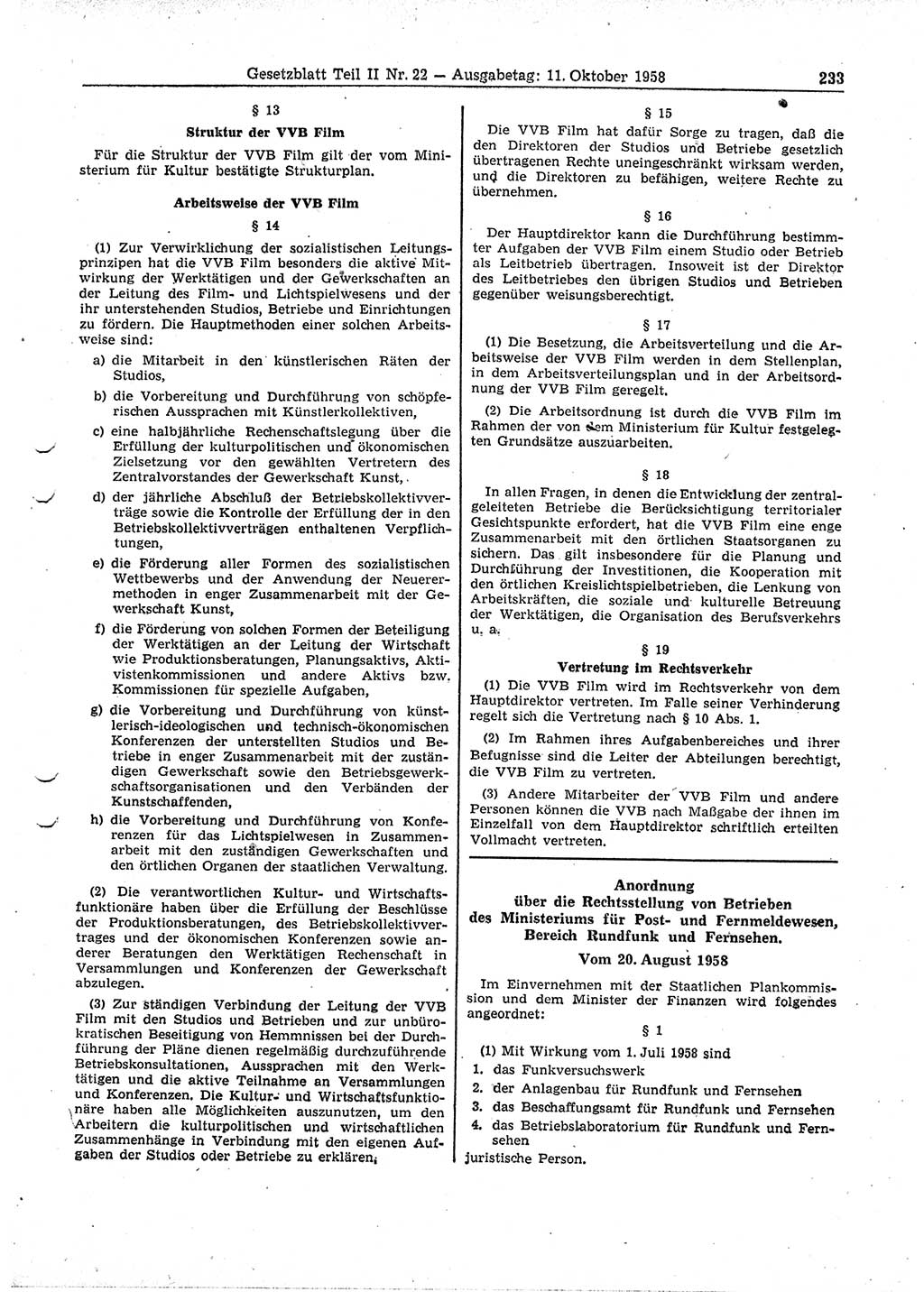 Gesetzblatt (GBl.) der Deutschen Demokratischen Republik (DDR) Teil ⅠⅠ 1958, Seite 233 (GBl. DDR ⅠⅠ 1958, S. 233)