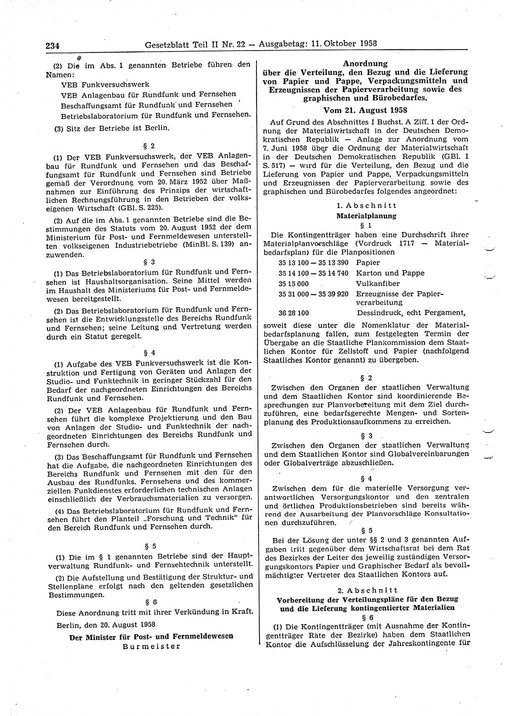 Gesetzblatt (GBl.) der Deutschen Demokratischen Republik (DDR) Teil ⅠⅠ 1958, Seite 234 (GBl. DDR ⅠⅠ 1958, S. 234)