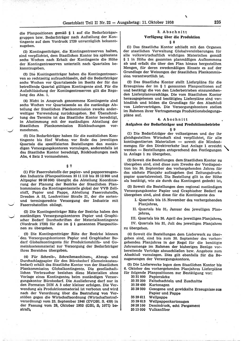 Gesetzblatt (GBl.) der Deutschen Demokratischen Republik (DDR) Teil ⅠⅠ 1958, Seite 235 (GBl. DDR ⅠⅠ 1958, S. 235)
