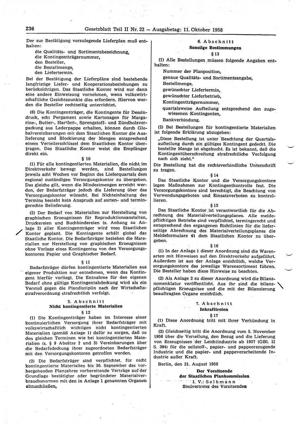 Gesetzblatt (GBl.) der Deutschen Demokratischen Republik (DDR) Teil ⅠⅠ 1958, Seite 236 (GBl. DDR ⅠⅠ 1958, S. 236)
