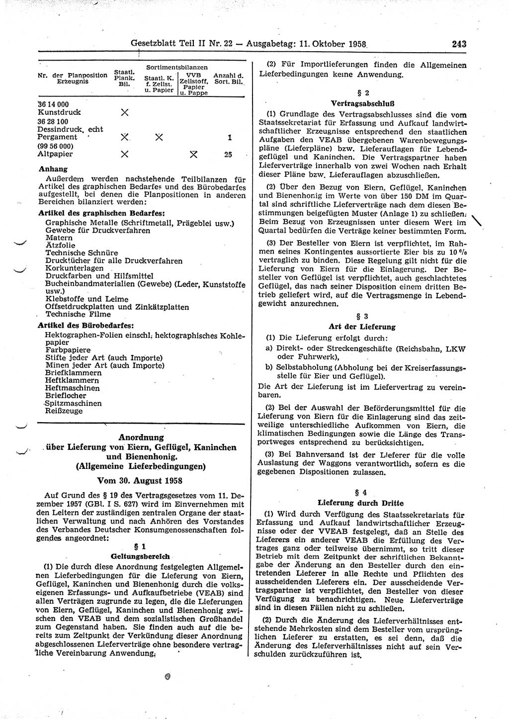 Gesetzblatt (GBl.) der Deutschen Demokratischen Republik (DDR) Teil ⅠⅠ 1958, Seite 243 (GBl. DDR ⅠⅠ 1958, S. 243)