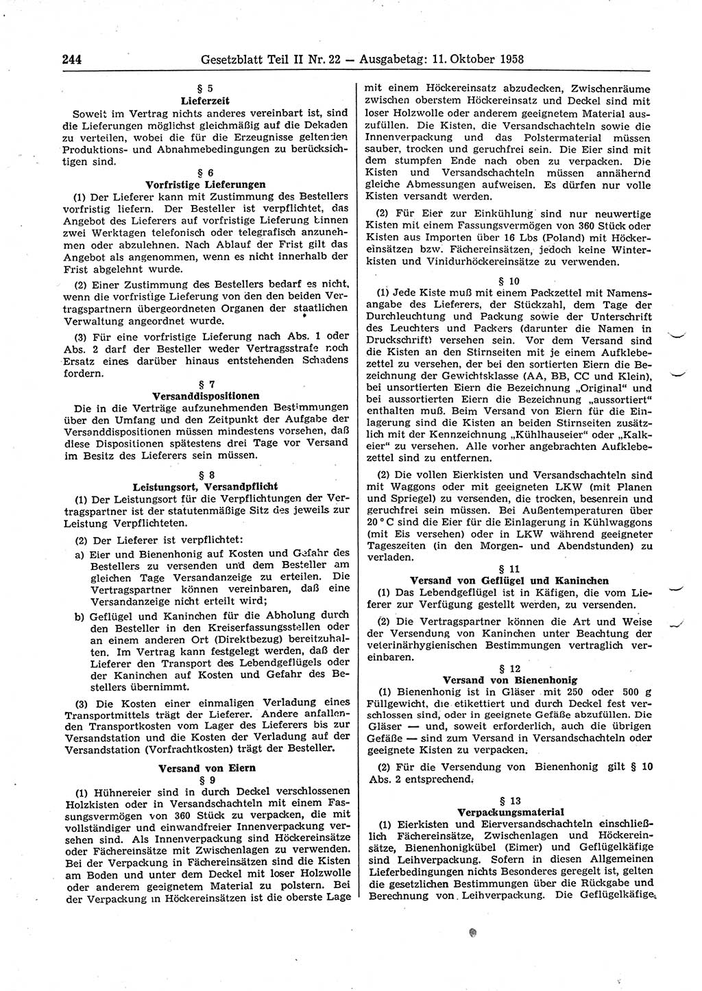 Gesetzblatt (GBl.) der Deutschen Demokratischen Republik (DDR) Teil ⅠⅠ 1958, Seite 244 (GBl. DDR ⅠⅠ 1958, S. 244)
