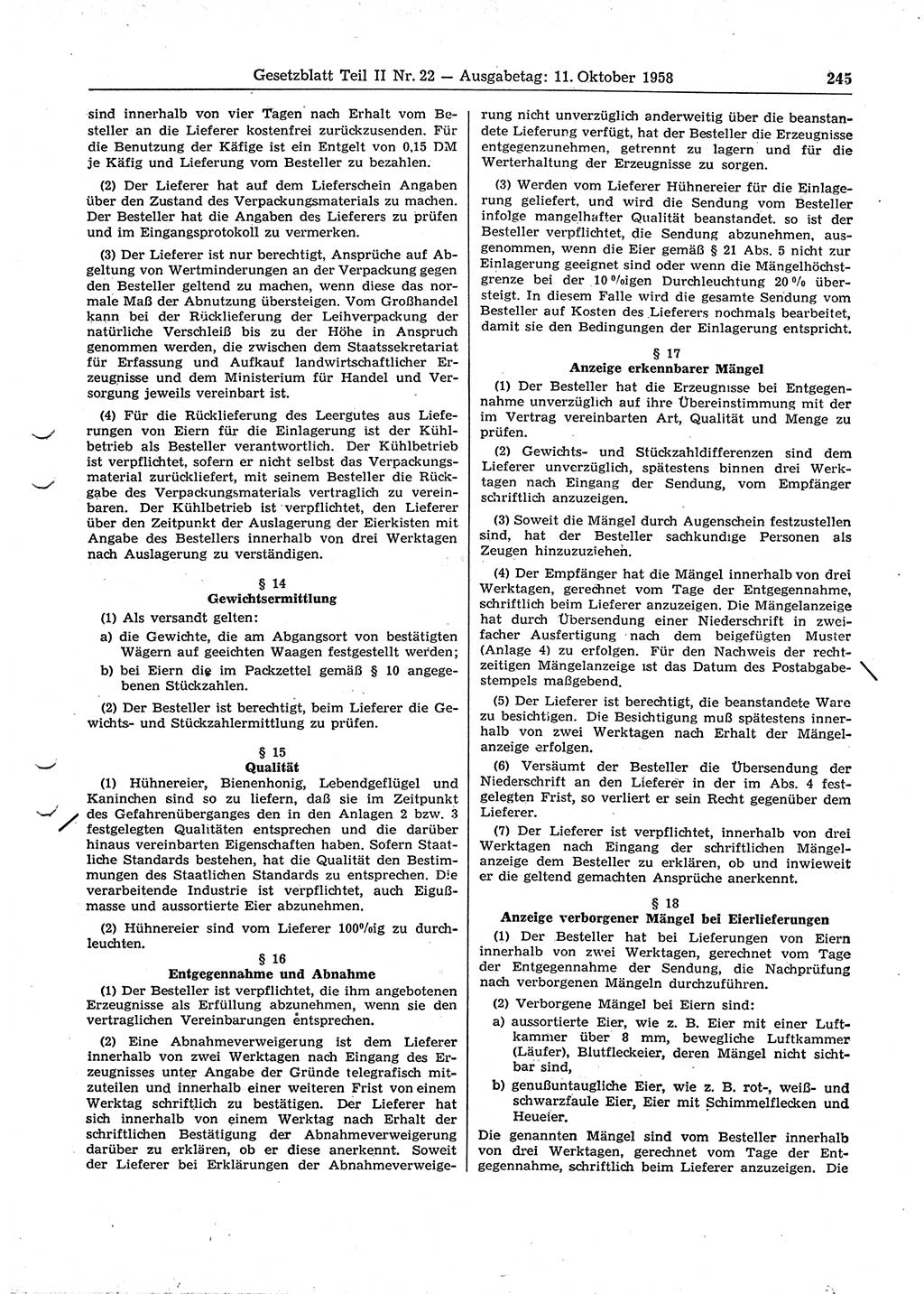 Gesetzblatt (GBl.) der Deutschen Demokratischen Republik (DDR) Teil ⅠⅠ 1958, Seite 245 (GBl. DDR ⅠⅠ 1958, S. 245)