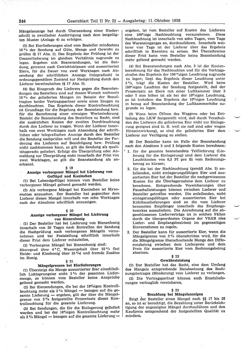 Gesetzblatt (GBl.) der Deutschen Demokratischen Republik (DDR) Teil ⅠⅠ 1958, Seite 246 (GBl. DDR ⅠⅠ 1958, S. 246)