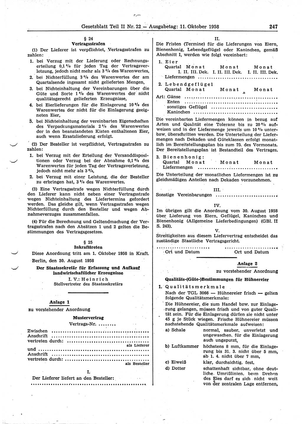 Gesetzblatt (GBl.) der Deutschen Demokratischen Republik (DDR) Teil ⅠⅠ 1958, Seite 247 (GBl. DDR ⅠⅠ 1958, S. 247)