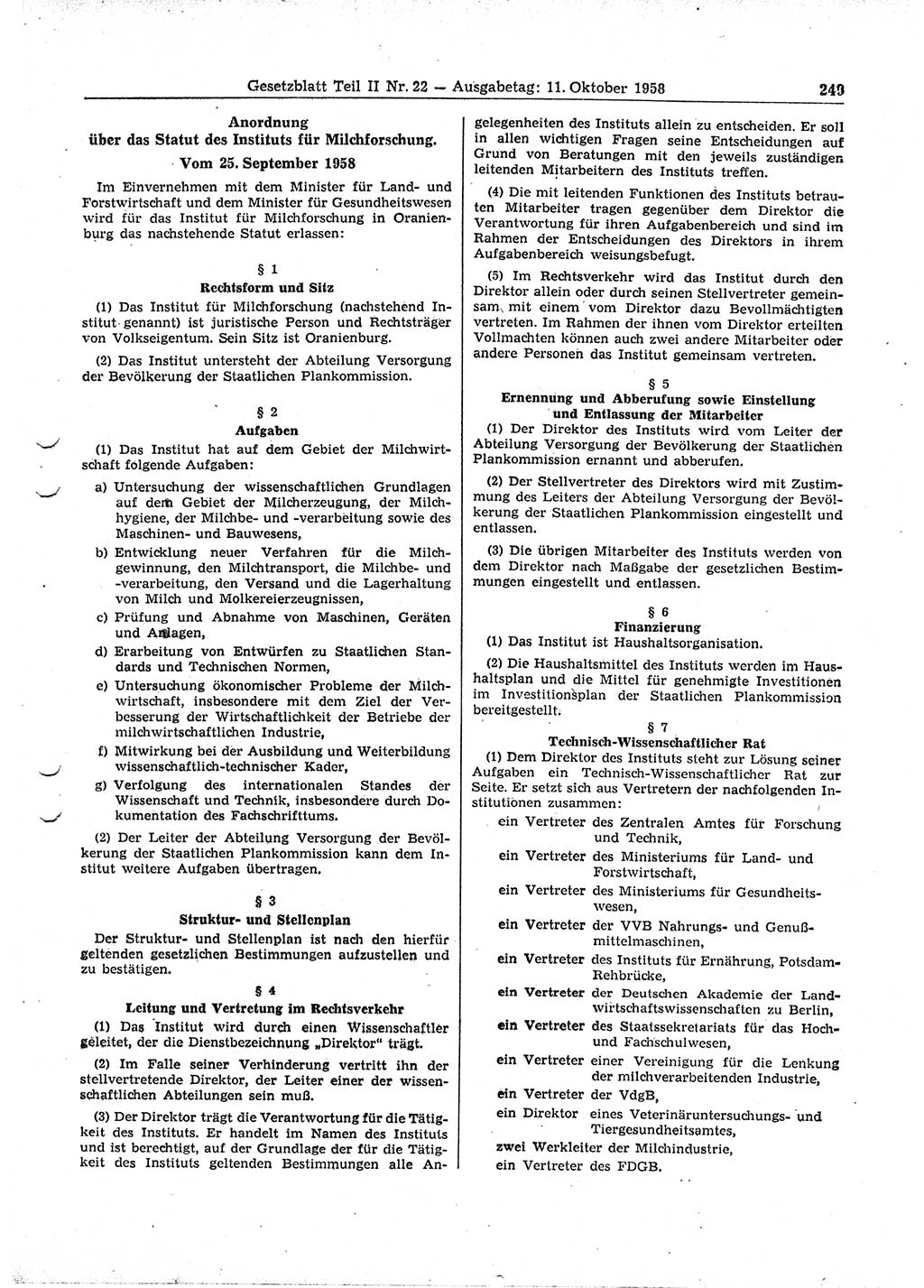 Gesetzblatt (GBl.) der Deutschen Demokratischen Republik (DDR) Teil ⅠⅠ 1958, Seite 249 (GBl. DDR ⅠⅠ 1958, S. 249)