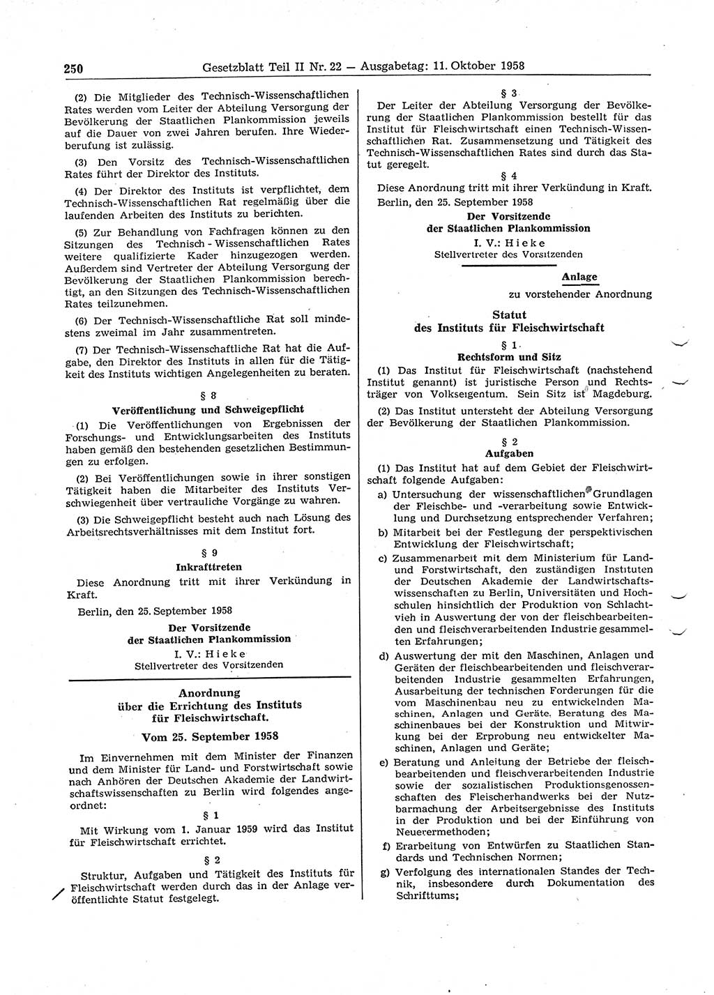 Gesetzblatt (GBl.) der Deutschen Demokratischen Republik (DDR) Teil â… â… 1958, Seite 250 (GBl. DDR â… â… 1958, S. 250)