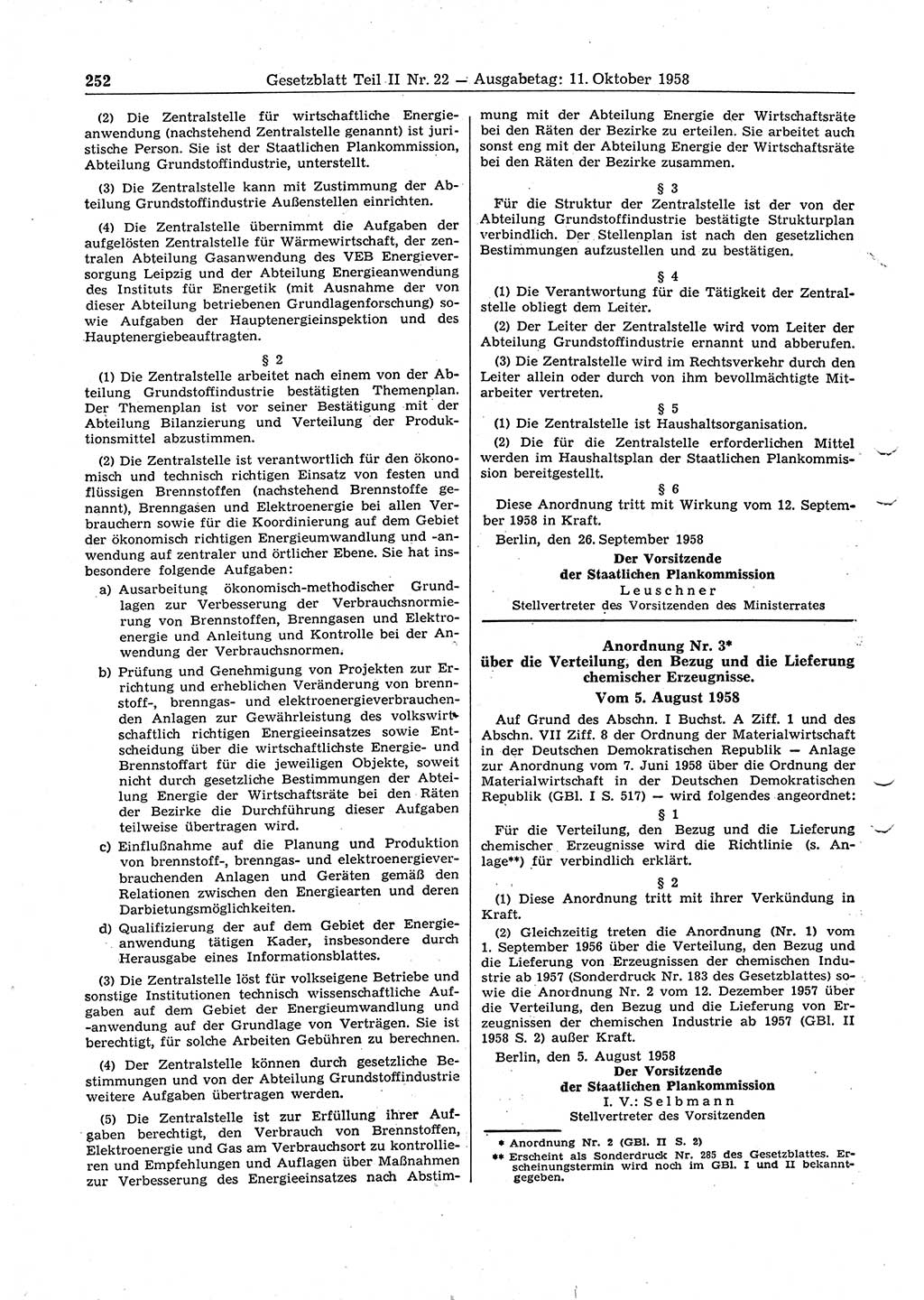 Gesetzblatt (GBl.) der Deutschen Demokratischen Republik (DDR) Teil ⅠⅠ 1958, Seite 252 (GBl. DDR ⅠⅠ 1958, S. 252)