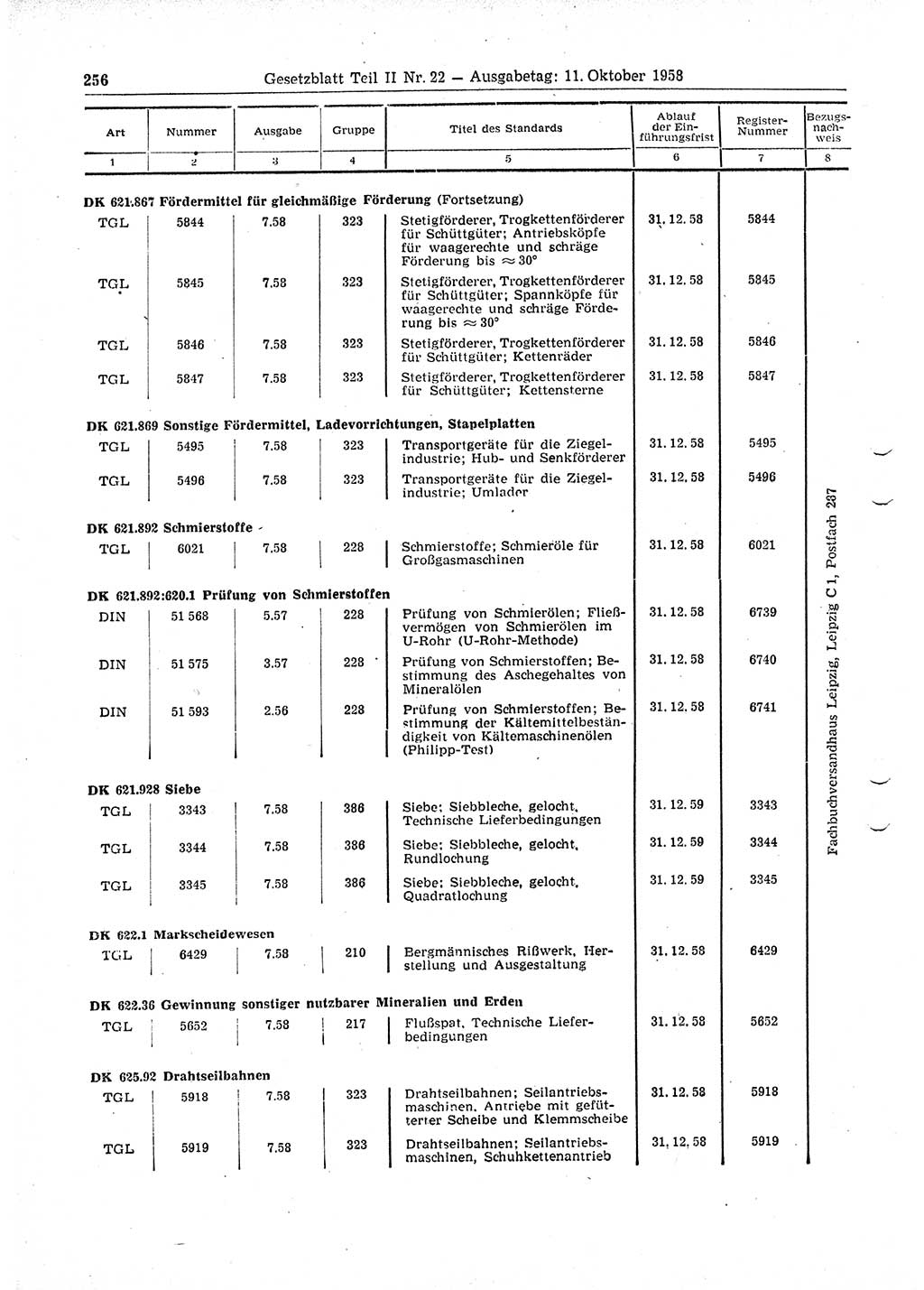 Gesetzblatt (GBl.) der Deutschen Demokratischen Republik (DDR) Teil ⅠⅠ 1958, Seite 256 (GBl. DDR ⅠⅠ 1958, S. 256)