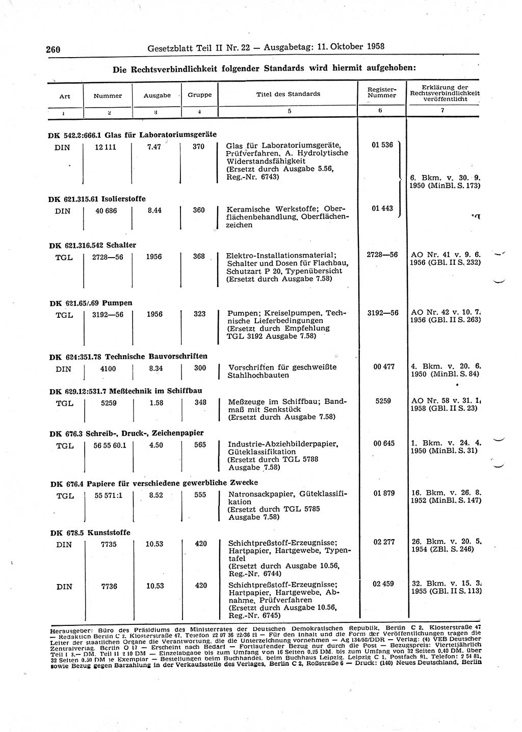 Gesetzblatt (GBl.) der Deutschen Demokratischen Republik (DDR) Teil ⅠⅠ 1958, Seite 260 (GBl. DDR ⅠⅠ 1958, S. 260)