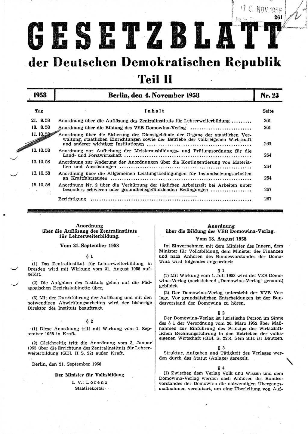 Gesetzblatt (GBl.) der Deutschen Demokratischen Republik (DDR) Teil ⅠⅠ 1958, Seite 261 (GBl. DDR ⅠⅠ 1958, S. 261)