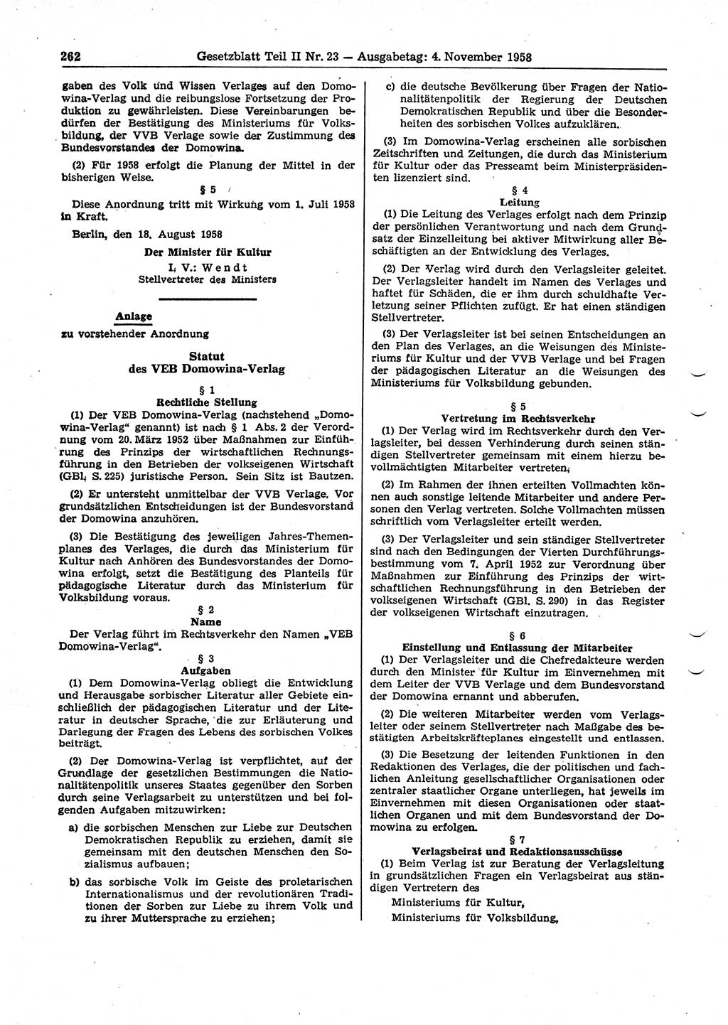 Gesetzblatt (GBl.) der Deutschen Demokratischen Republik (DDR) Teil ⅠⅠ 1958, Seite 262 (GBl. DDR ⅠⅠ 1958, S. 262)