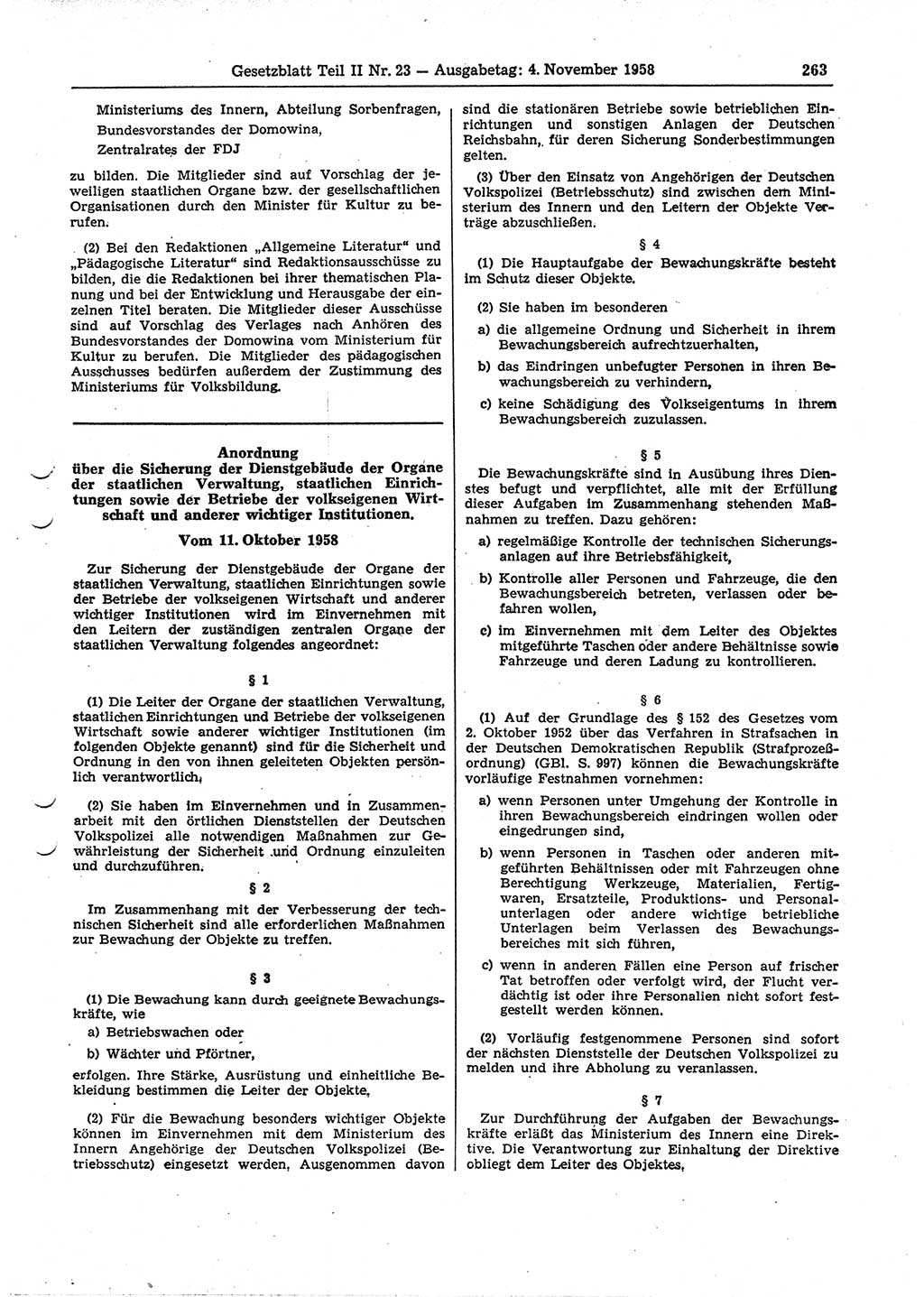 Gesetzblatt (GBl.) der Deutschen Demokratischen Republik (DDR) Teil ⅠⅠ 1958, Seite 263 (GBl. DDR ⅠⅠ 1958, S. 263)
