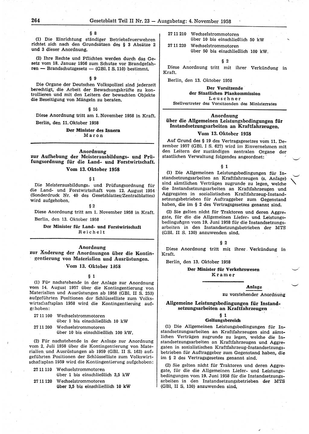 Gesetzblatt (GBl.) der Deutschen Demokratischen Republik (DDR) Teil ⅠⅠ 1958, Seite 264 (GBl. DDR ⅠⅠ 1958, S. 264)