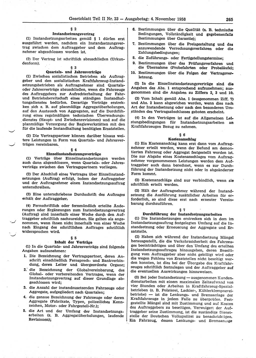 Gesetzblatt (GBl.) der Deutschen Demokratischen Republik (DDR) Teil ⅠⅠ 1958, Seite 265 (GBl. DDR ⅠⅠ 1958, S. 265)