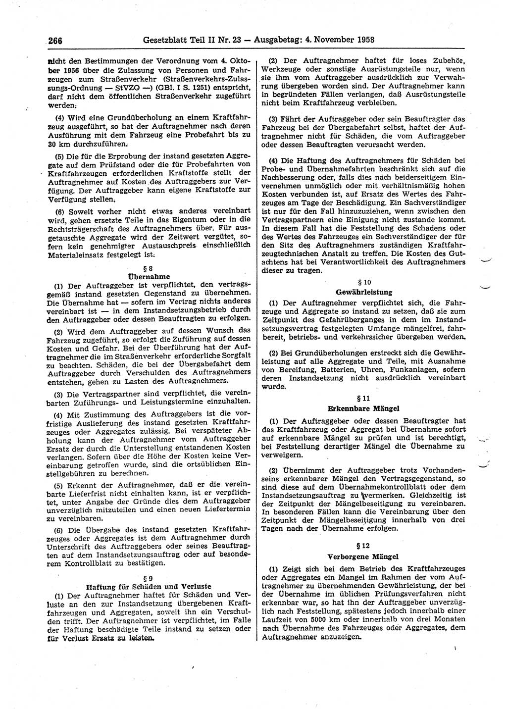 Gesetzblatt (GBl.) der Deutschen Demokratischen Republik (DDR) Teil ⅠⅠ 1958, Seite 266 (GBl. DDR ⅠⅠ 1958, S. 266)