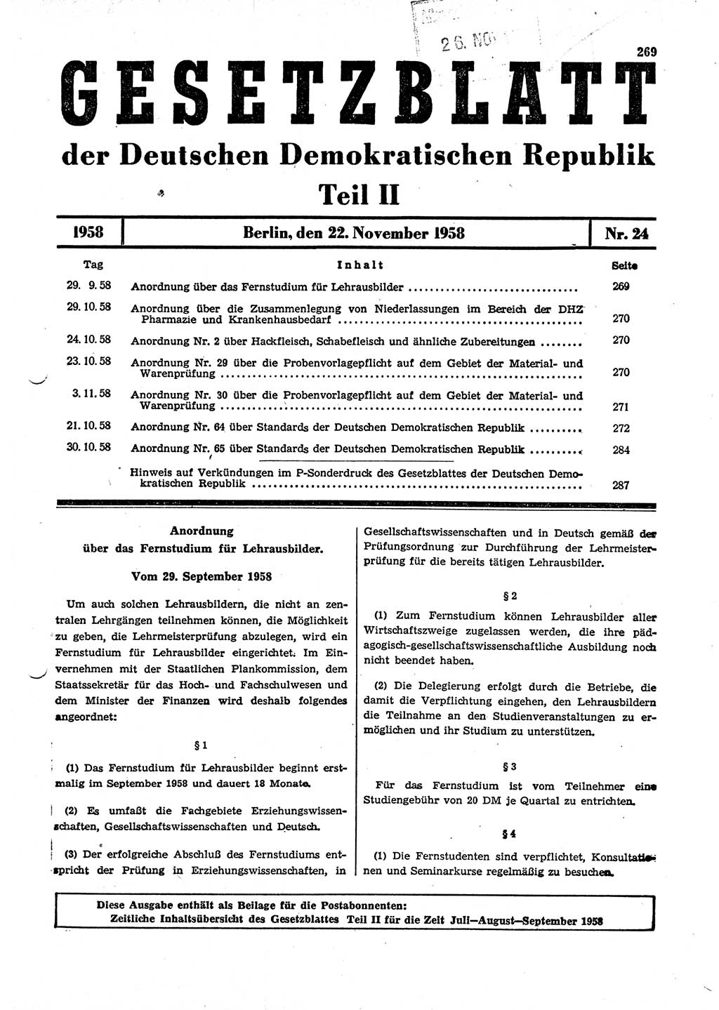 Gesetzblatt (GBl.) der Deutschen Demokratischen Republik (DDR) Teil ⅠⅠ 1958, Seite 269 (GBl. DDR ⅠⅠ 1958, S. 269)