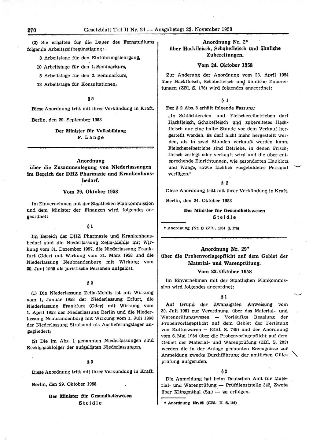 Gesetzblatt (GBl.) der Deutschen Demokratischen Republik (DDR) Teil ⅠⅠ 1958, Seite 270 (GBl. DDR ⅠⅠ 1958, S. 270)