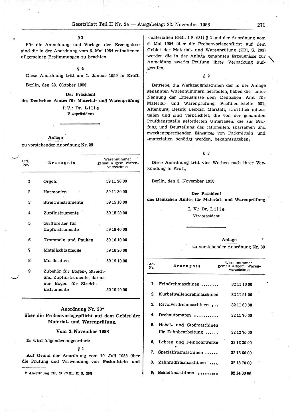 Gesetzblatt (GBl.) der Deutschen Demokratischen Republik (DDR) Teil ⅠⅠ 1958, Seite 271 (GBl. DDR ⅠⅠ 1958, S. 271)