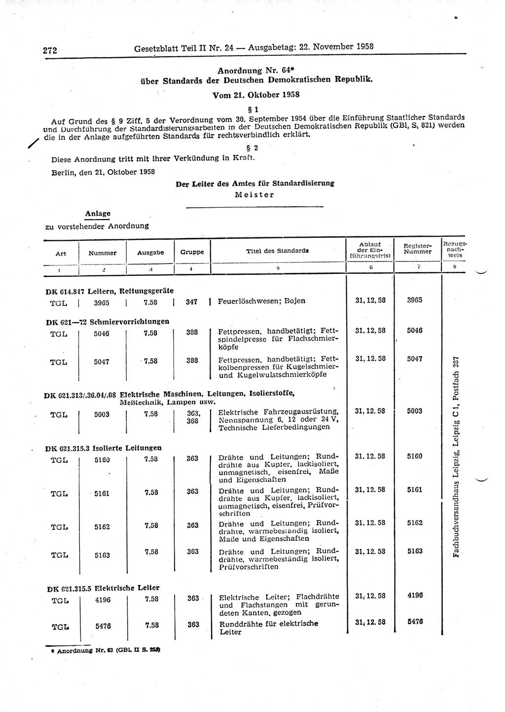 Gesetzblatt (GBl.) der Deutschen Demokratischen Republik (DDR) Teil ⅠⅠ 1958, Seite 272 (GBl. DDR ⅠⅠ 1958, S. 272)