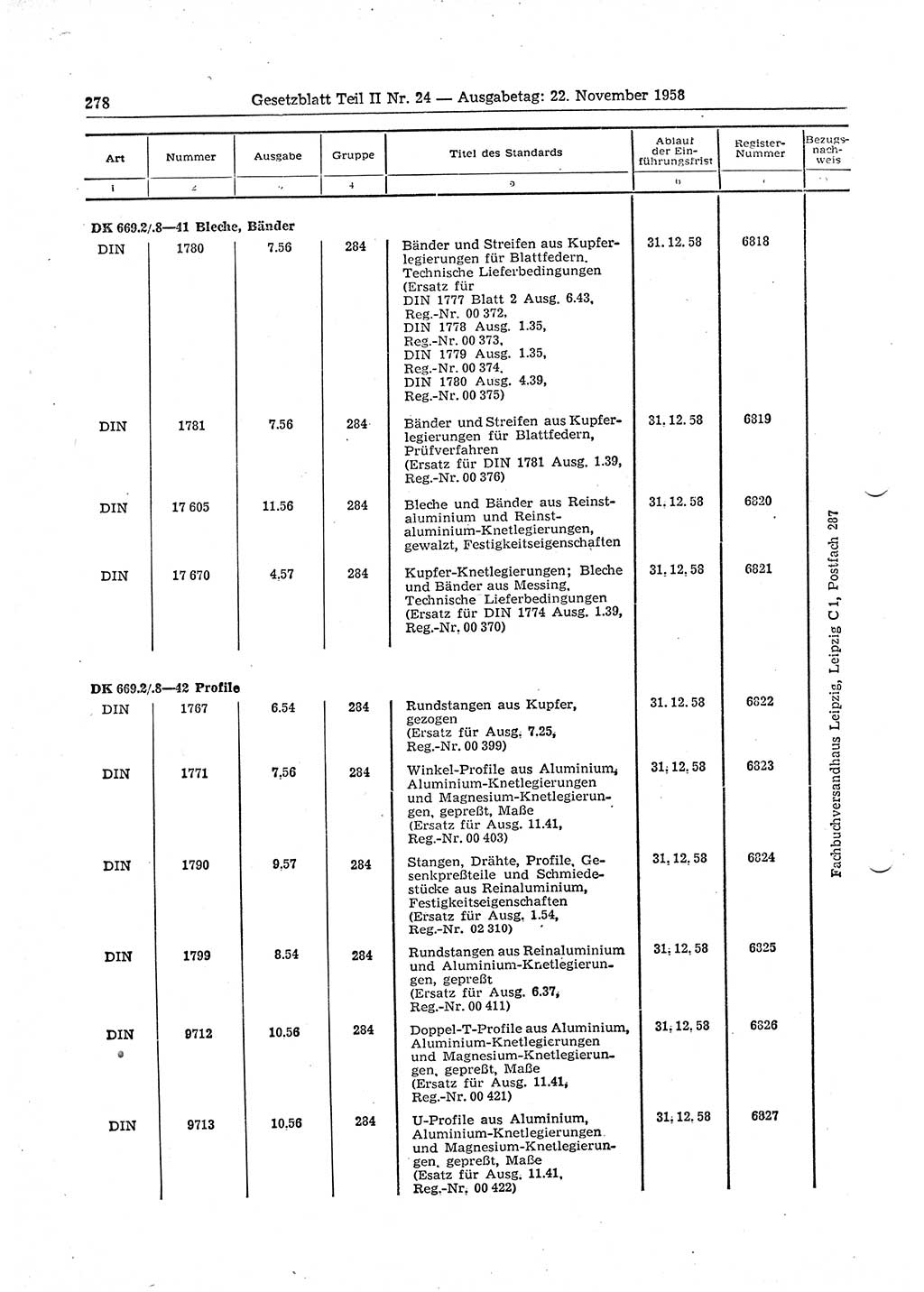 Gesetzblatt (GBl.) der Deutschen Demokratischen Republik (DDR) Teil ⅠⅠ 1958, Seite 278 (GBl. DDR ⅠⅠ 1958, S. 278)
