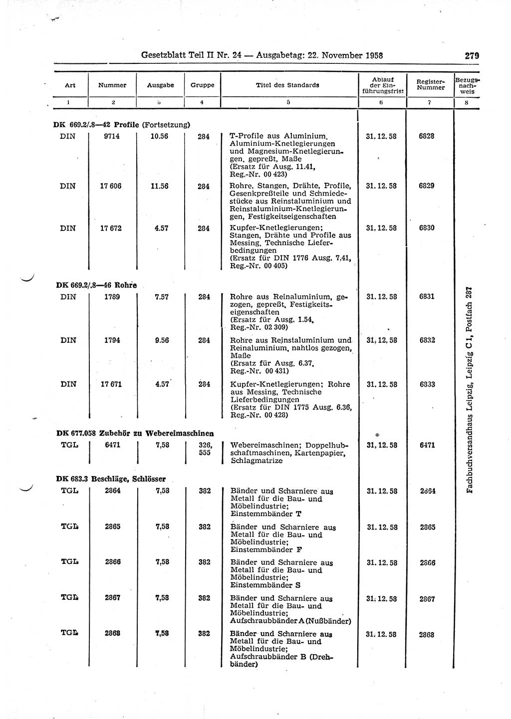 Gesetzblatt (GBl.) der Deutschen Demokratischen Republik (DDR) Teil ⅠⅠ 1958, Seite 279 (GBl. DDR ⅠⅠ 1958, S. 279)