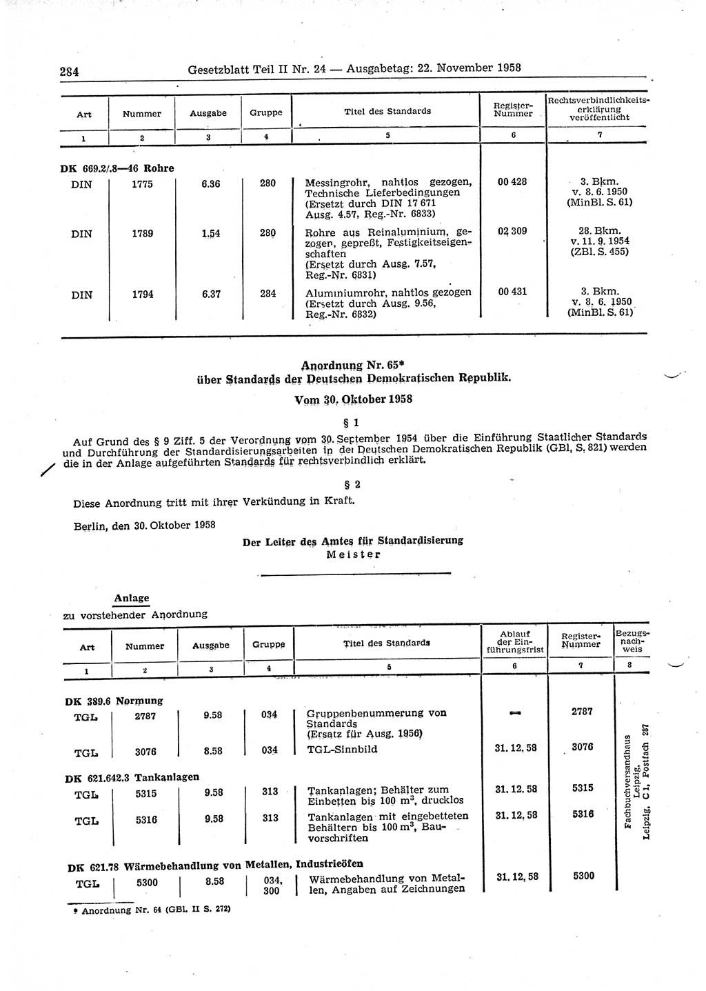 Gesetzblatt (GBl.) der Deutschen Demokratischen Republik (DDR) Teil ⅠⅠ 1958, Seite 284 (GBl. DDR ⅠⅠ 1958, S. 284)