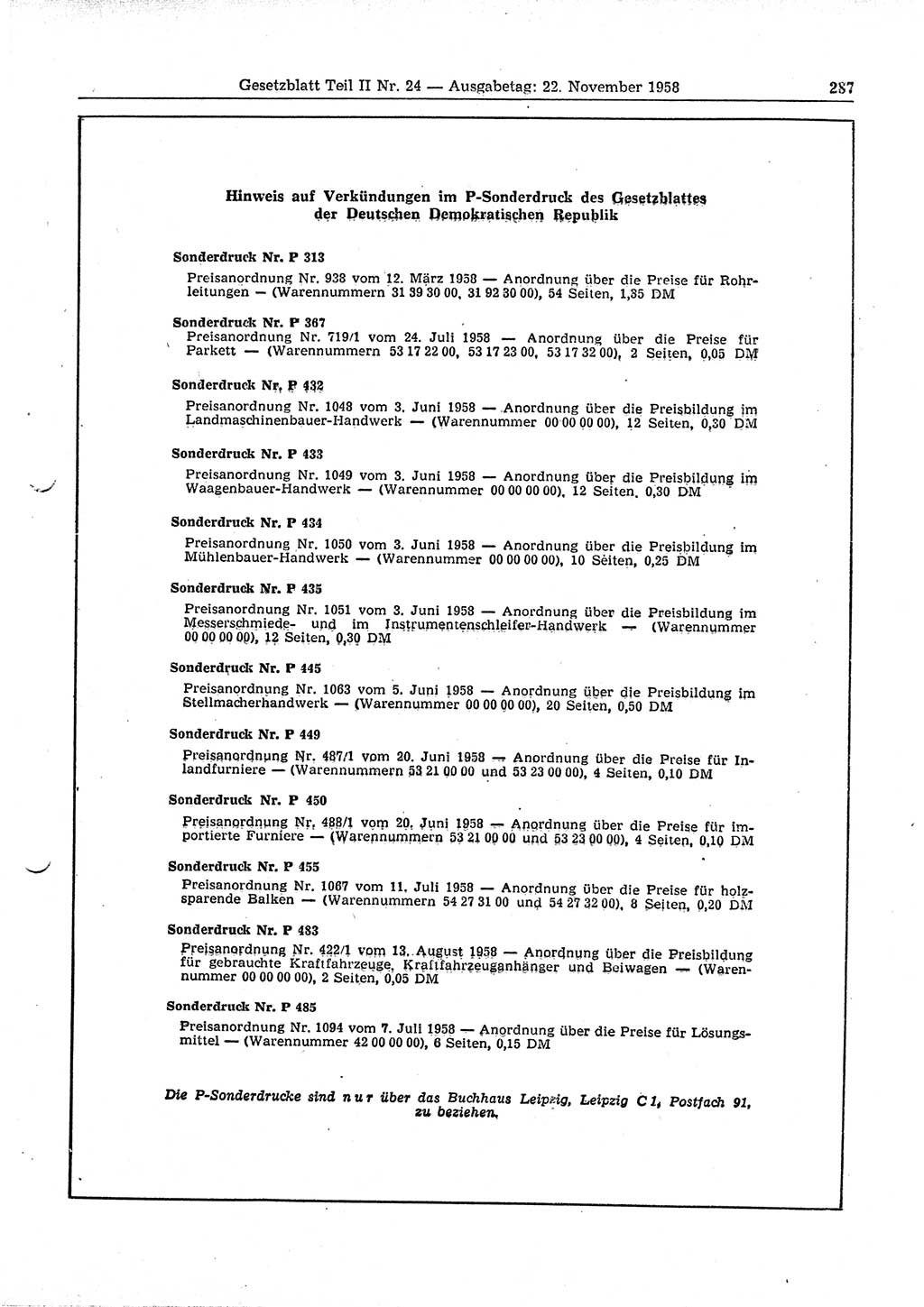 Gesetzblatt (GBl.) der Deutschen Demokratischen Republik (DDR) Teil ⅠⅠ 1958, Seite 287 (GBl. DDR ⅠⅠ 1958, S. 287)