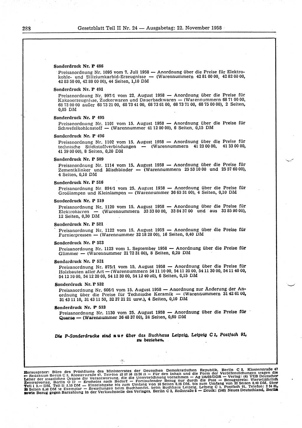 Gesetzblatt (GBl.) der Deutschen Demokratischen Republik (DDR) Teil ⅠⅠ 1958, Seite 288 (GBl. DDR ⅠⅠ 1958, S. 288)