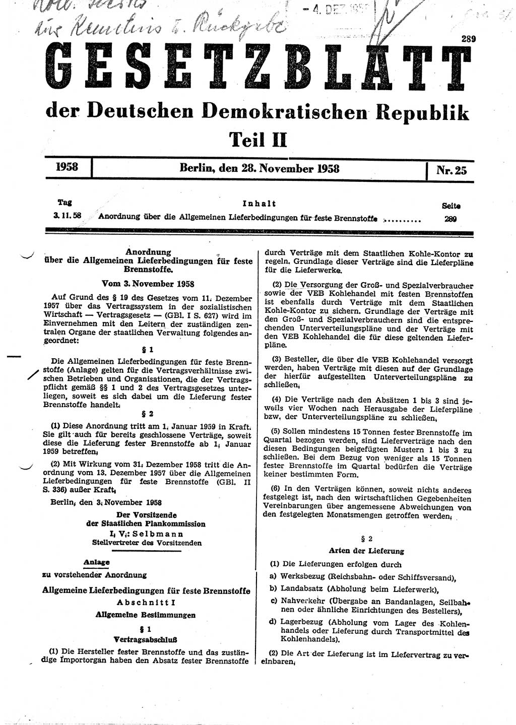 Gesetzblatt (GBl.) der Deutschen Demokratischen Republik (DDR) Teil ⅠⅠ 1958, Seite 289 (GBl. DDR ⅠⅠ 1958, S. 289)