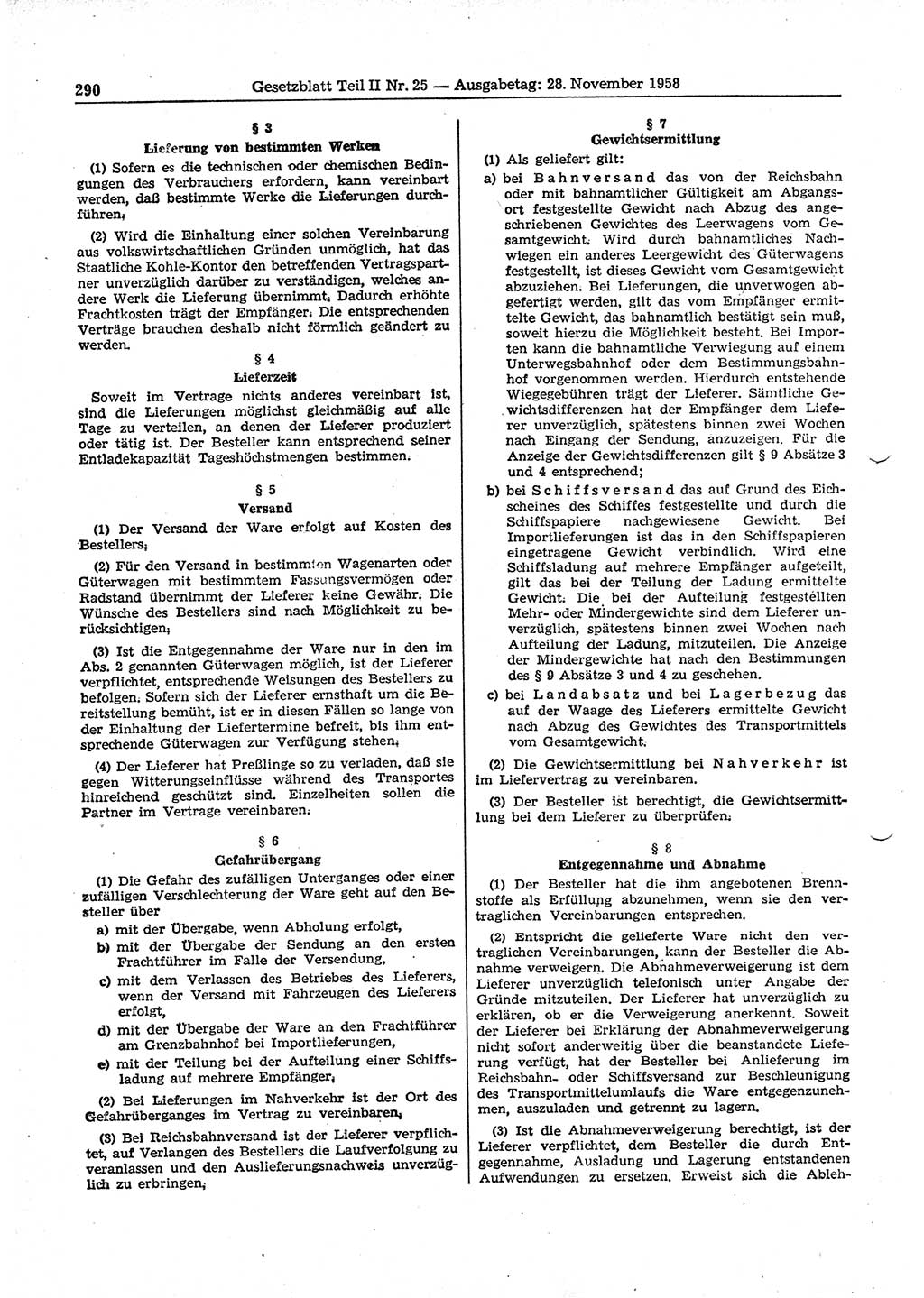 Gesetzblatt (GBl.) der Deutschen Demokratischen Republik (DDR) Teil ⅠⅠ 1958, Seite 290 (GBl. DDR ⅠⅠ 1958, S. 290)