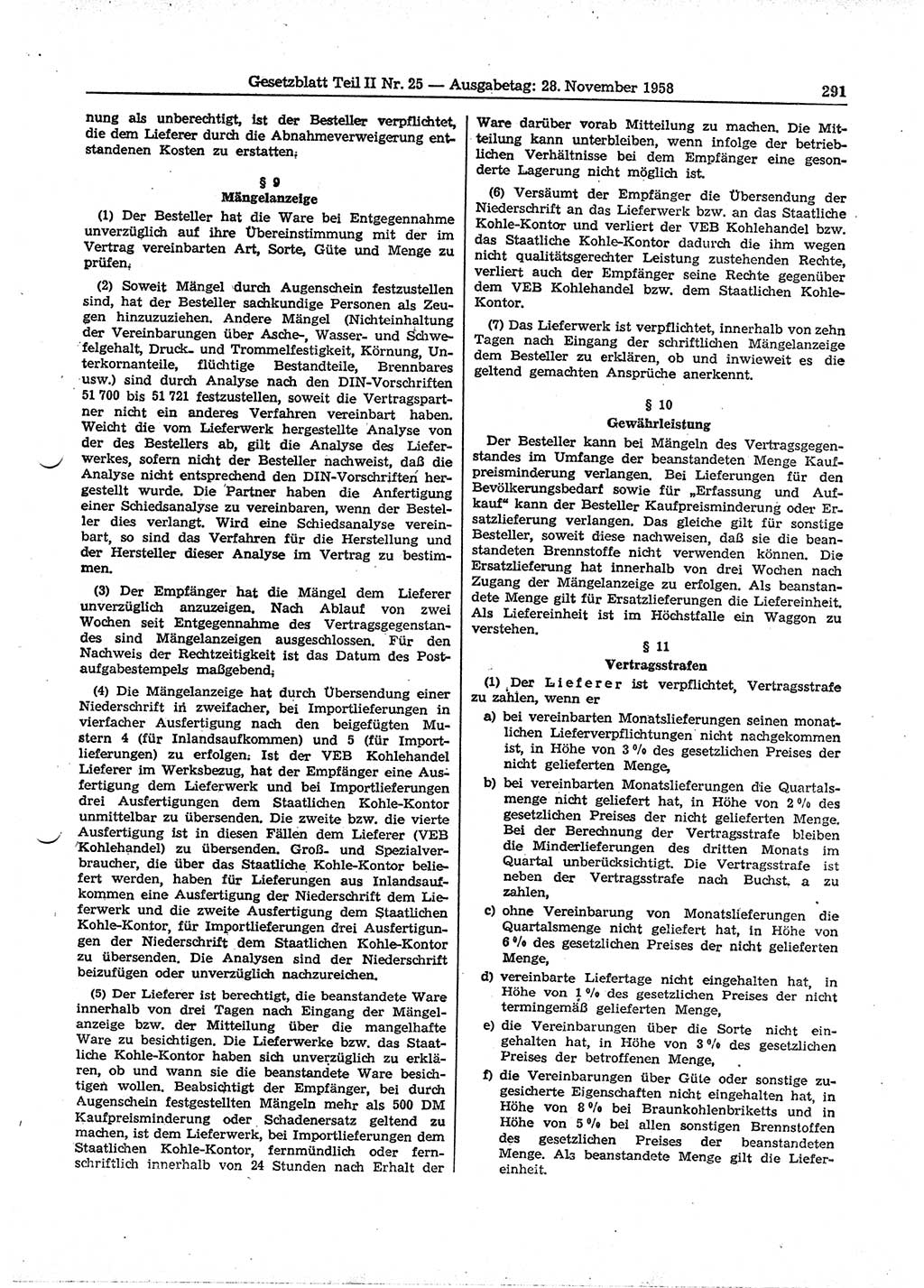 Gesetzblatt (GBl.) der Deutschen Demokratischen Republik (DDR) Teil ⅠⅠ 1958, Seite 291 (GBl. DDR ⅠⅠ 1958, S. 291)