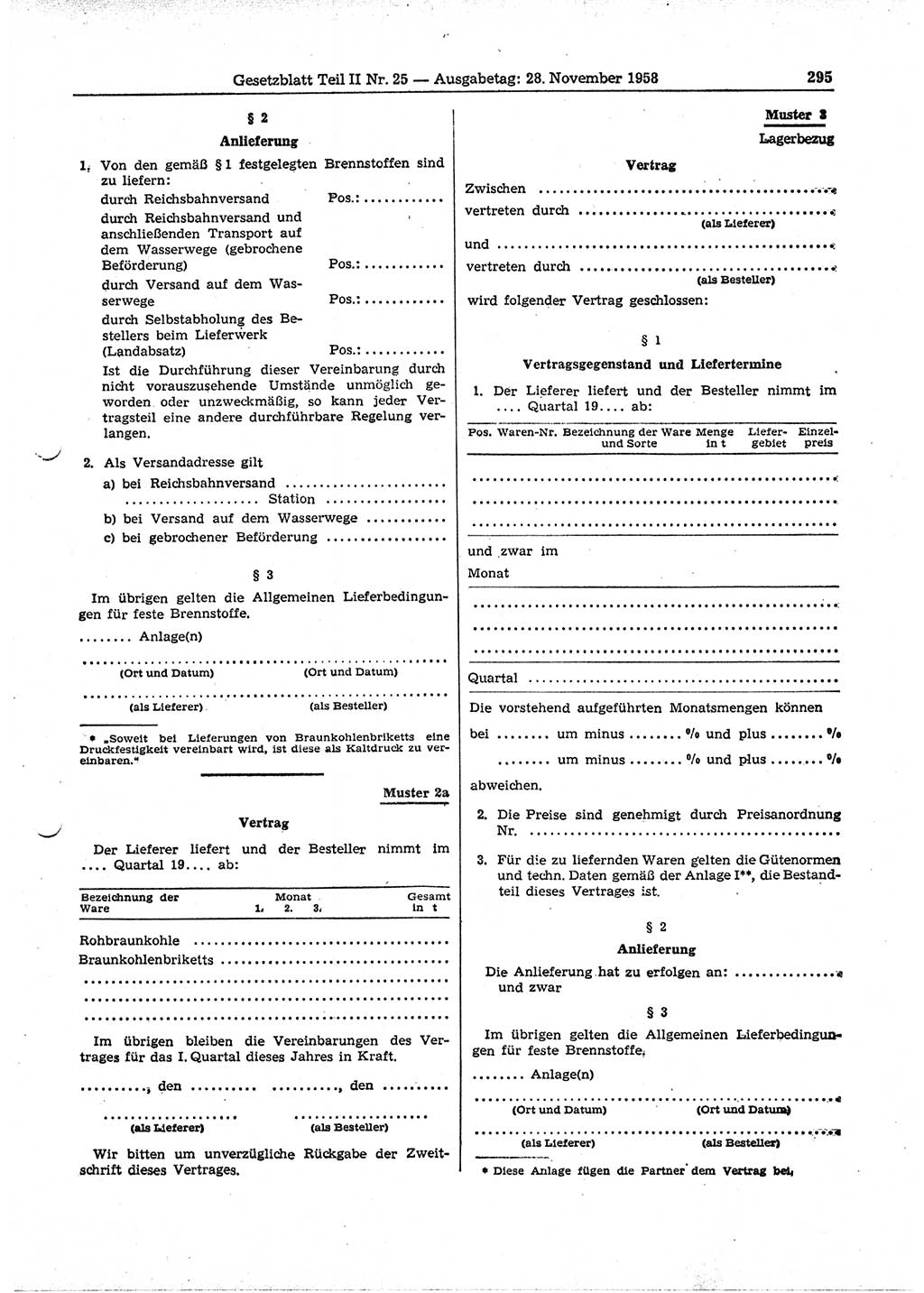 Gesetzblatt (GBl.) der Deutschen Demokratischen Republik (DDR) Teil ⅠⅠ 1958, Seite 295 (GBl. DDR ⅠⅠ 1958, S. 295)