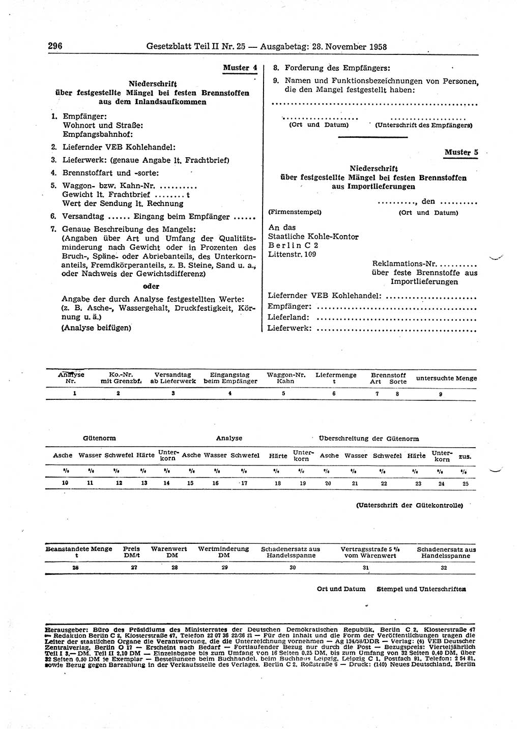 Gesetzblatt (GBl.) der Deutschen Demokratischen Republik (DDR) Teil ⅠⅠ 1958, Seite 296 (GBl. DDR ⅠⅠ 1958, S. 296)
